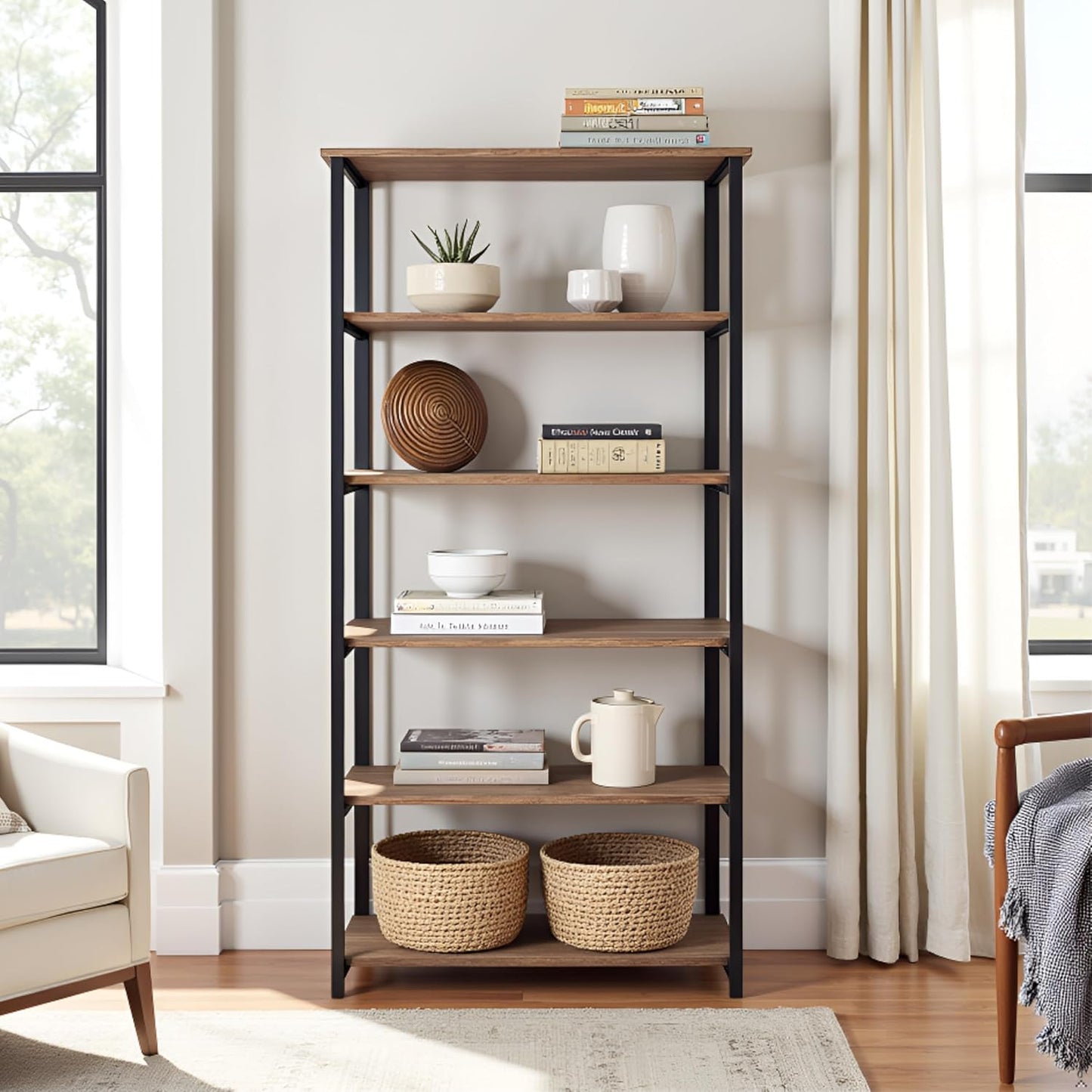 Pomona 6-Tier Bookcase – 70" Tall Solid Wood with Metal Frame Bookshelf – Durable Industrial Storage for Home Office, Living Room, or Bedroom by Alaterre Furniture (Brown Lacquer Finish)