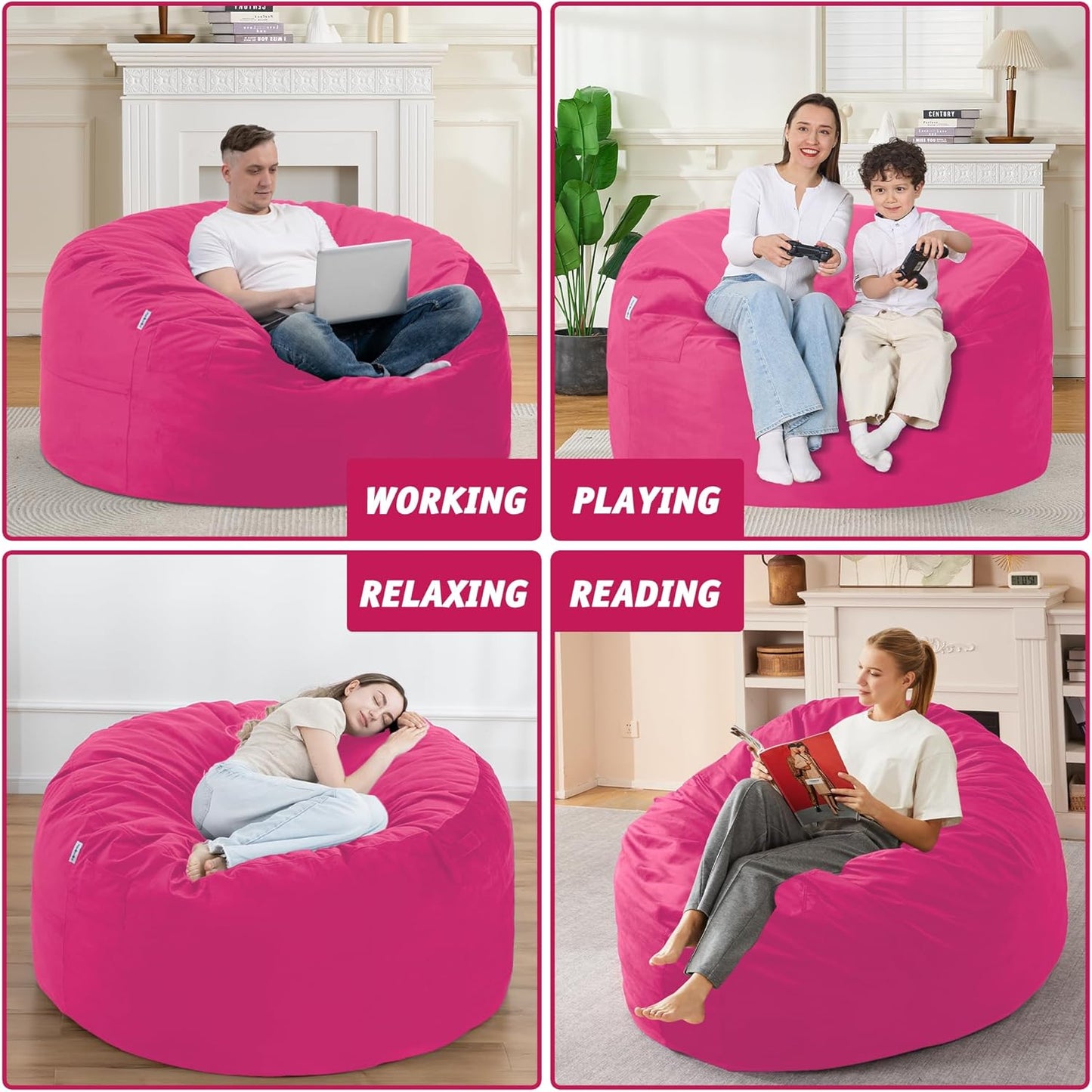 4FT Bean Bag Chair with Ultra Soft Velvet Cover Bean Bag Sofa with Memory Foam Bean Bag Chairs with Large Size Lazy Sofa for Dorm Office Living Room Bedroom Hot Pink 4'