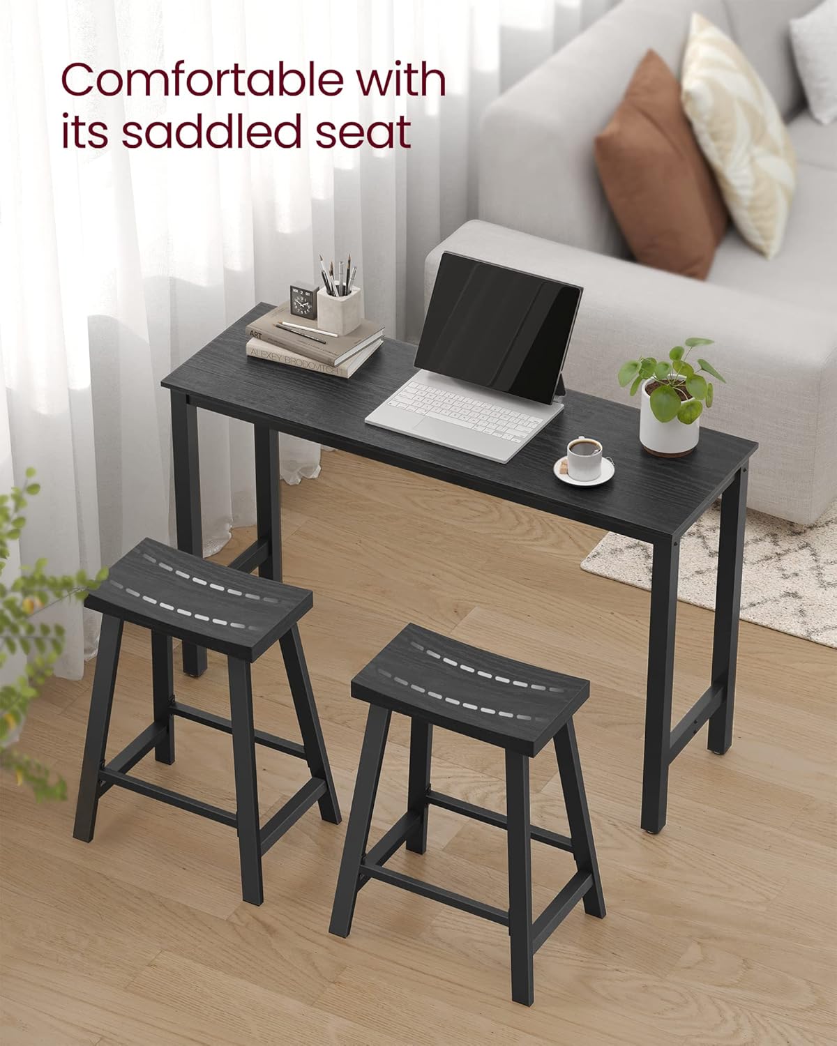 VASAGLE Bar Stools, Set of 2 Bar Chairs, Kitchen Breakfast Bar Stools with Footrest, 23.6 Inches High, Industrial in Living Room, Party Room, Black ULBC074B56