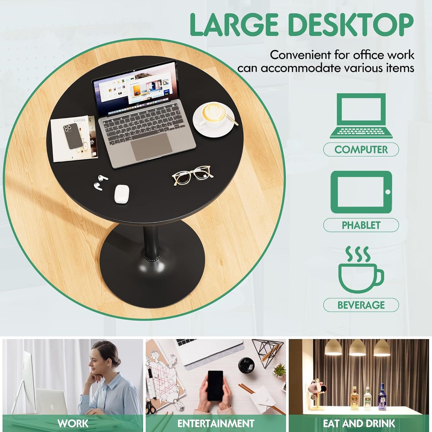 Shahoo Round Bar Table, Cocktail Tables with Metal Base & MDF Top, for Bistro Pub, Cafe, Set of 2, Black