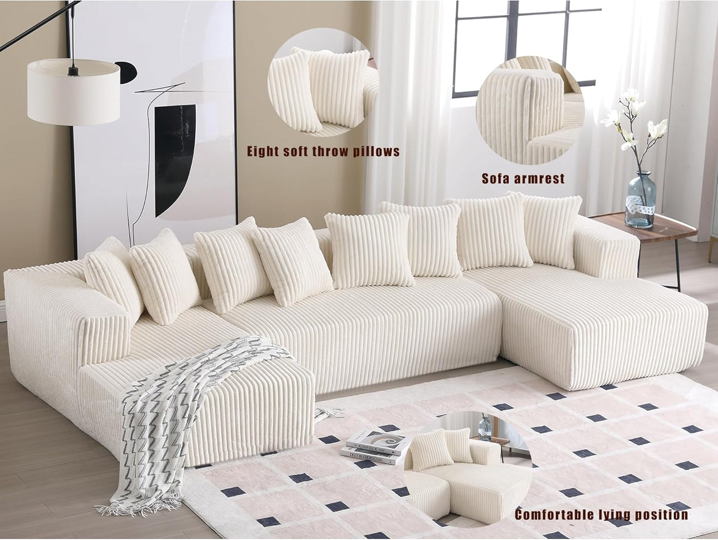 Free Combination Cloud Boneless Modular Sectional Sofa with Chaise Lounge,Modern Minimalist Upholstered Couches, Oversized U Shaped Lounge Sofa Couch w/ 8 Pillows