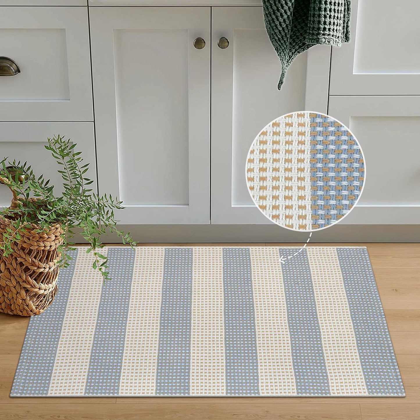 OJIA Front Door Mats Outdoor 24"x36" Machine Washable Indoor Outdoor Rugs Doormat Cotton Woven Entry Rug Striped Small Area Rugs for Front Porch/Bathroom/Farmhouse/Home Entrance (Blue/White/Tan)