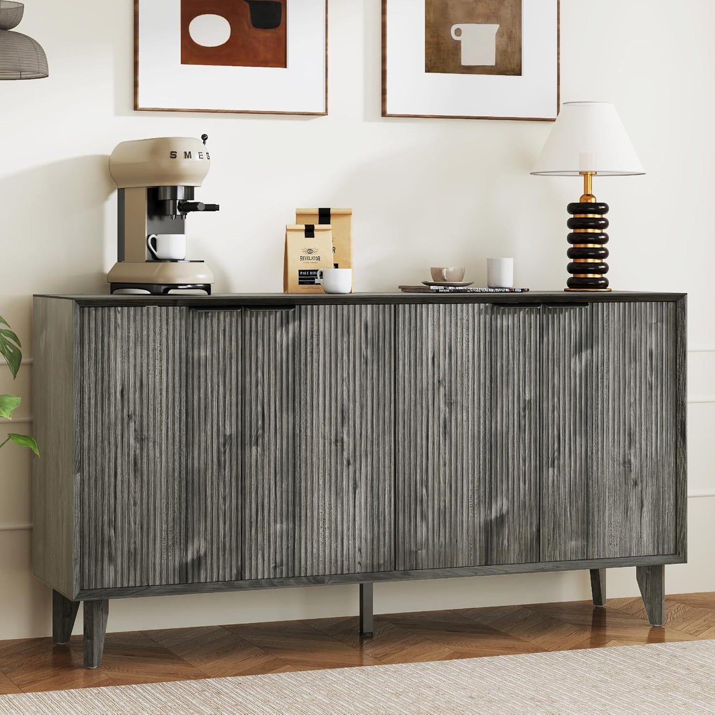 Fluted Cabinet with Storage, Buffet Storage with 4 Doors, Buffet Sideborad Accent Cabinet with Adjustable Shelves for Living Room, Kitchen, Entry, Hallway, Black&Grey