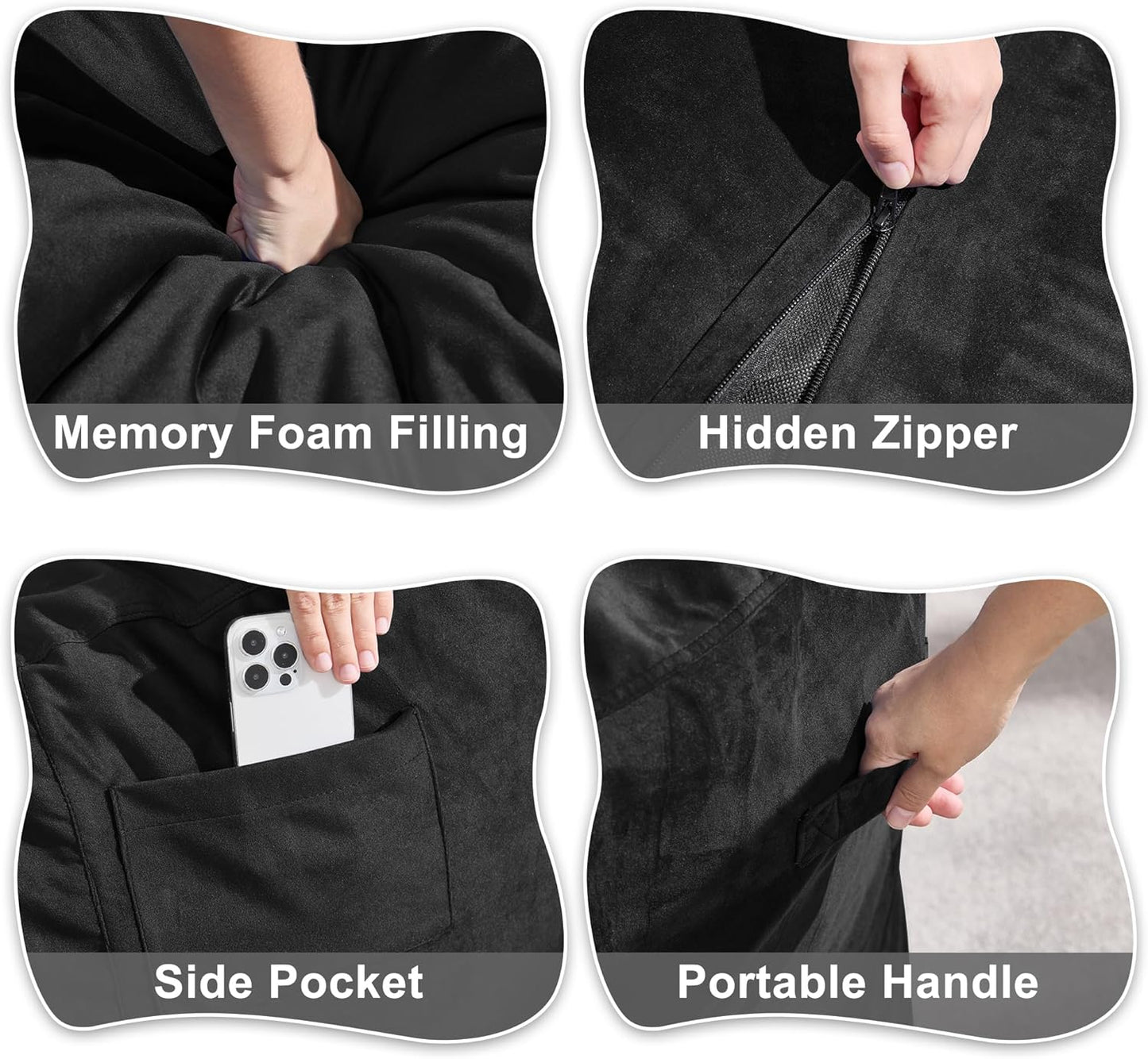 Hobestluk 6FT Bean Bag Chair Bean Bag Chairs for Adults Giant Bean Chairs with Velvet Cover, Memory Foam BeanBag Chair Fluffy BeanBag Chairs for Living Room, Bedroom- Black (70" x 70" x 15")