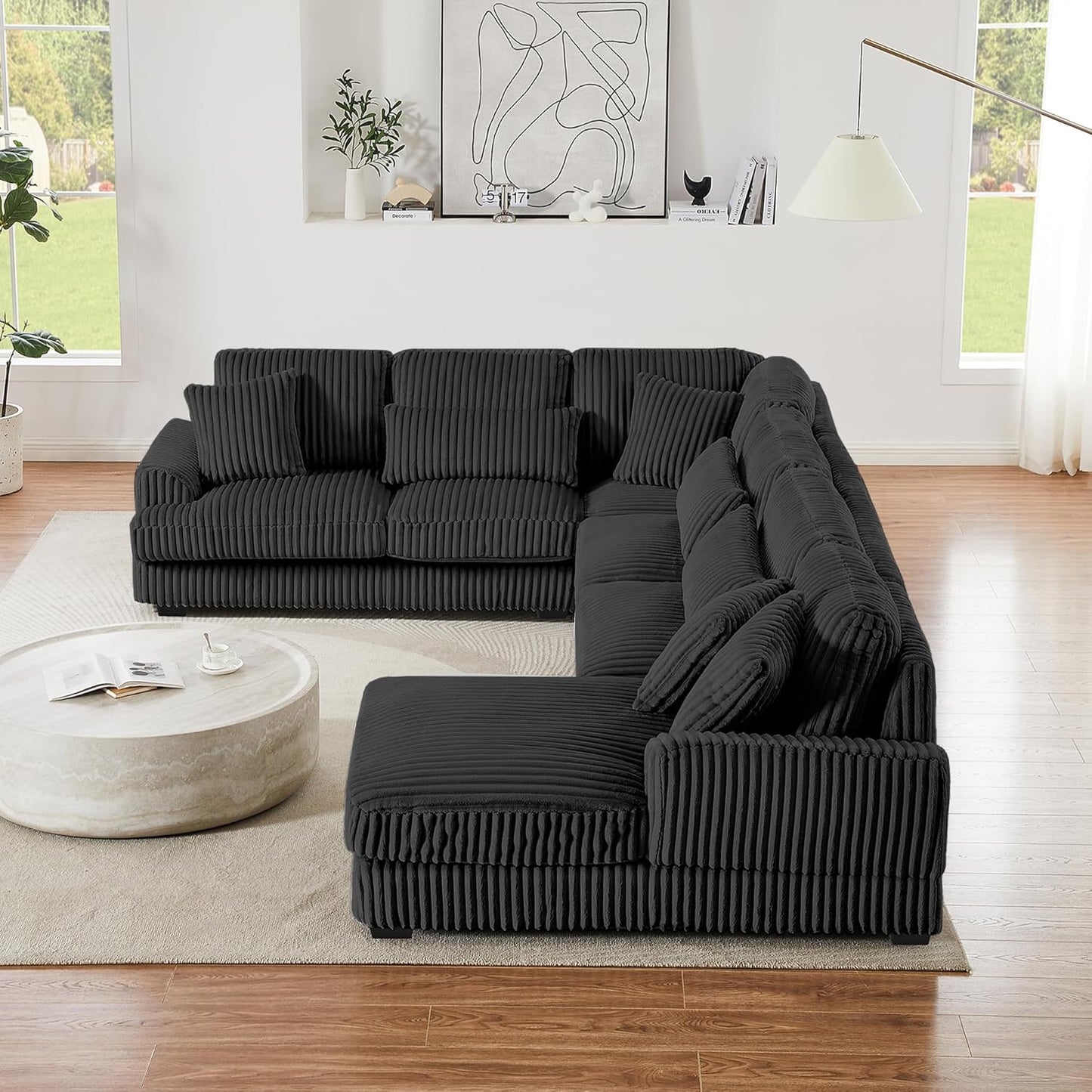 129" Oversized U Shaped Modular Sectional Sofa Couch for Living Room 7 Seater Plush Corduroy Upholstered Large Sofa Deep Seat Cloud Couch with Extra Wide Chaise Lounge and Detachable Thick Cushions