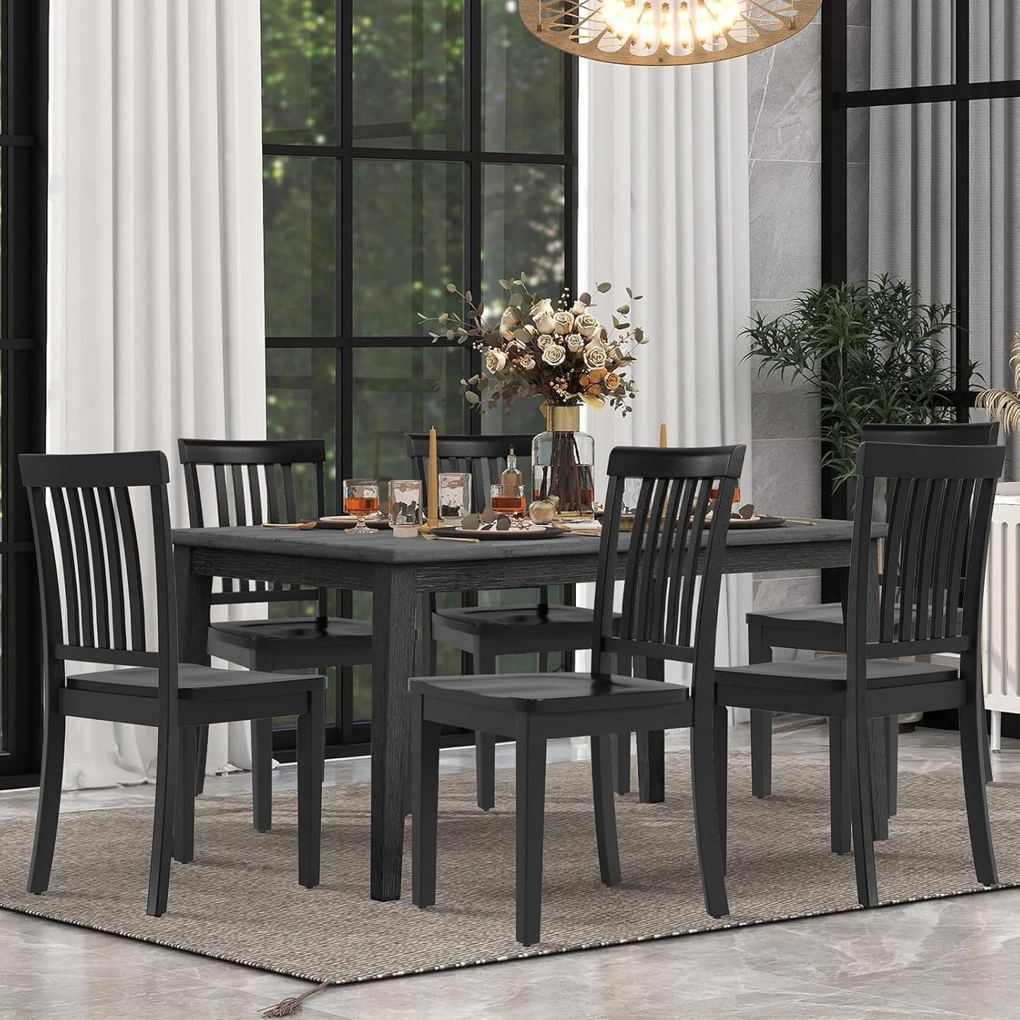 COLAMY Wooden Dining Room Chairs Set of 2, Spindle High Back Windsor Kitchen Side Chair, Farmhouse Dining Chairs for Kitchen, Dining Room, Black