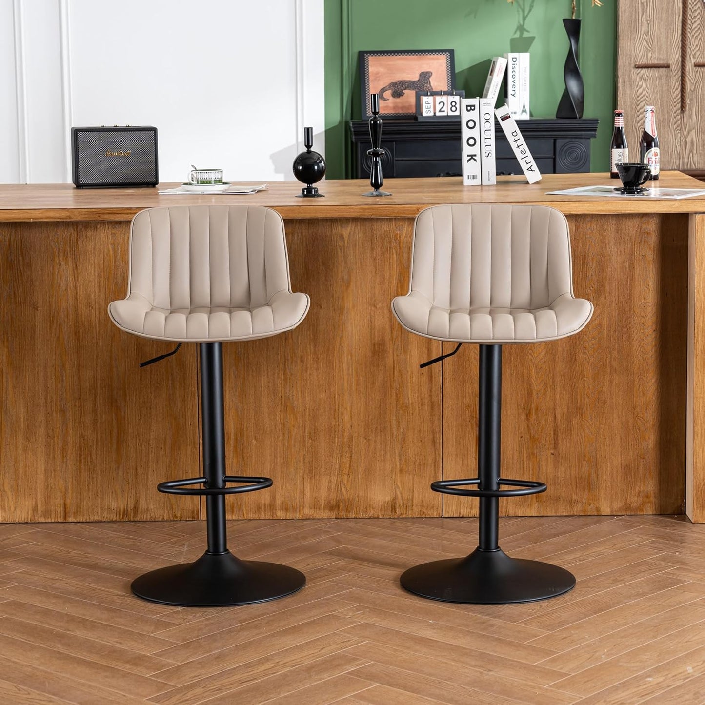YOUNIKE Khaki White Bar Stools Set of 2 Kitchen Counter Height Barstools Upholstered Swivel Modern Faux Leather Bar Chairs with Backs Adjustable High Breakfast Island Stool with Metal Leg