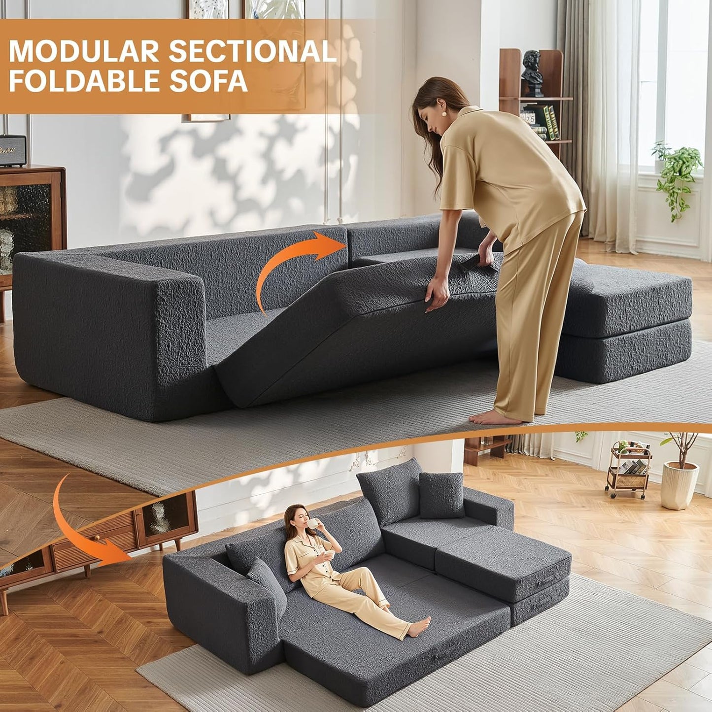 108" Modular Sectional Cloud Sofa - Boneless Couch with Deep Seat, Non Slip Base, Folding Sofa Sectional Couches for Living Room, Cozy Modular Couch with L-Shape Chaise, No Assembly Required, Grey