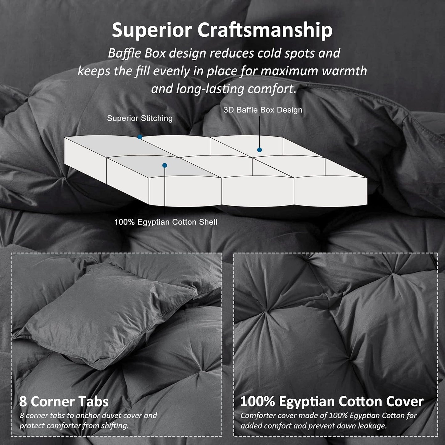 Luxurious Heavyweight Goose Down Feather Fiber Comforter Duvet Insert, Exquisite Gray Pinch Pleat Design, Oversize Palatial King 120 x 98, Premium Baffle Box 100% Egyptian Cotton, 95 oz Fill Weight