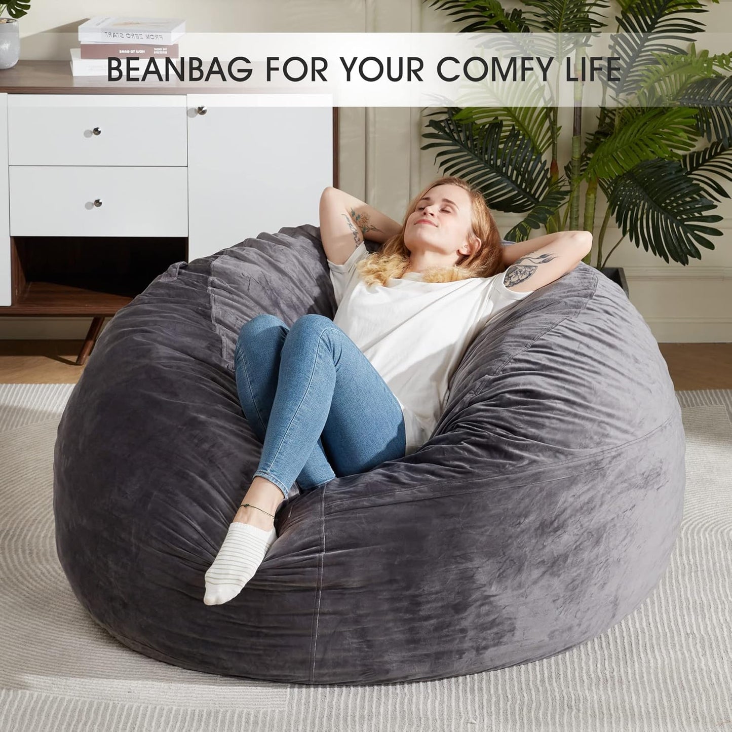 HABUTWAY Bean Bag Chair: Giant 5' Memory Foam Furniture Bean Bag Chair with Microfiber Cover - 5Ft,Silver Grey