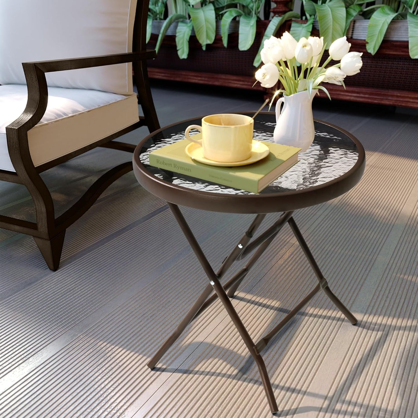 2 Pieces Outdoor Side Table - Small Patio End Table All Weather, Patio Furniture Sets and Outside Furniture for Pool, Balcony, Deck, Porch, Brown