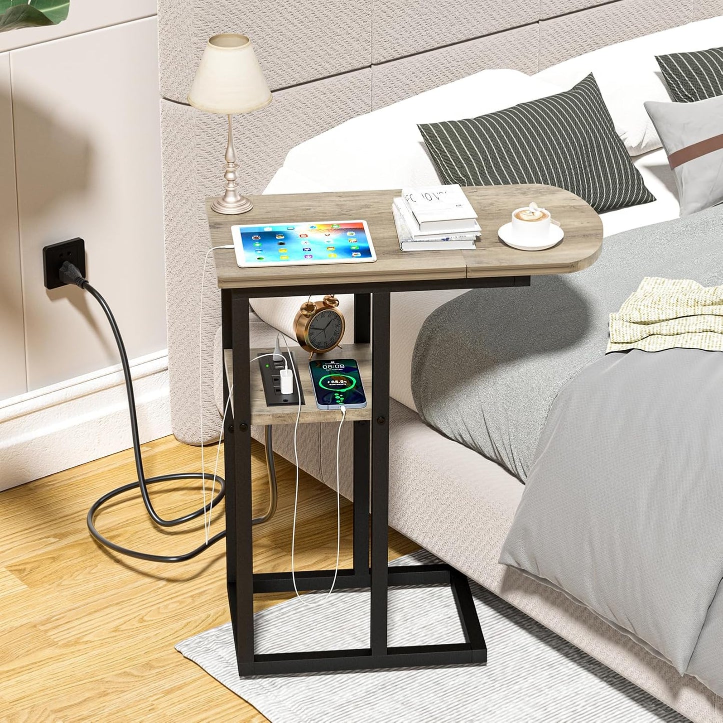 C Table End Table with Charging Station, Couch C Shaped Side Table for Living Room, Bedroom, Laptop Table with USB Ports and Type-C Port, Snack Tray Table for Couch