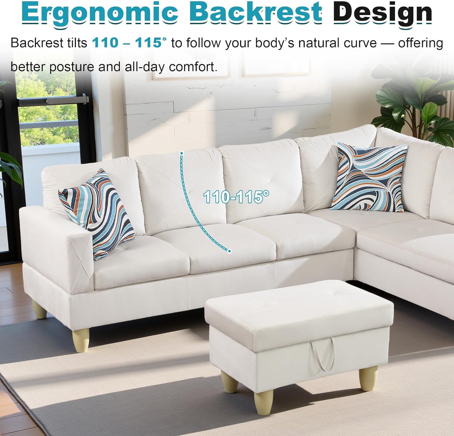 97" Oversized Sectional Couch, L Shaped Couch with Storage Ottoman, Modern Modular Sofa with Deep Seat, Sectional Couches for Living Room and Office, White (Flannel)