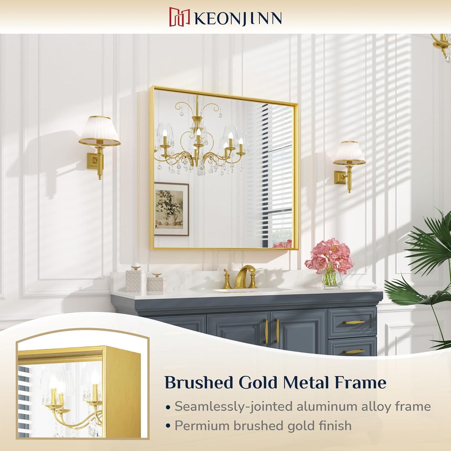 Keonjinn Brushed Gold Bathroom Mirror 36 x 36 Inch Gold Wall Square Mirror Metal Framed Rectangular Mirror for Bathroom Aluminum Alloy Frame Gold Vanity Mirror for Over Sink(Horizontal/Vertical)