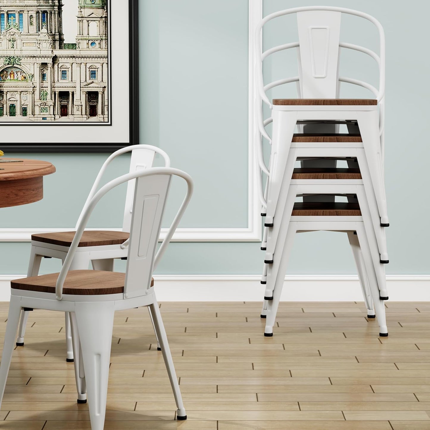 18 Inch Metal Dining Chairs,Arlunar Farmhouse Chairs Set of 4 White Dining Room Chairs Stackable with Back and Wooden Seat bar stools