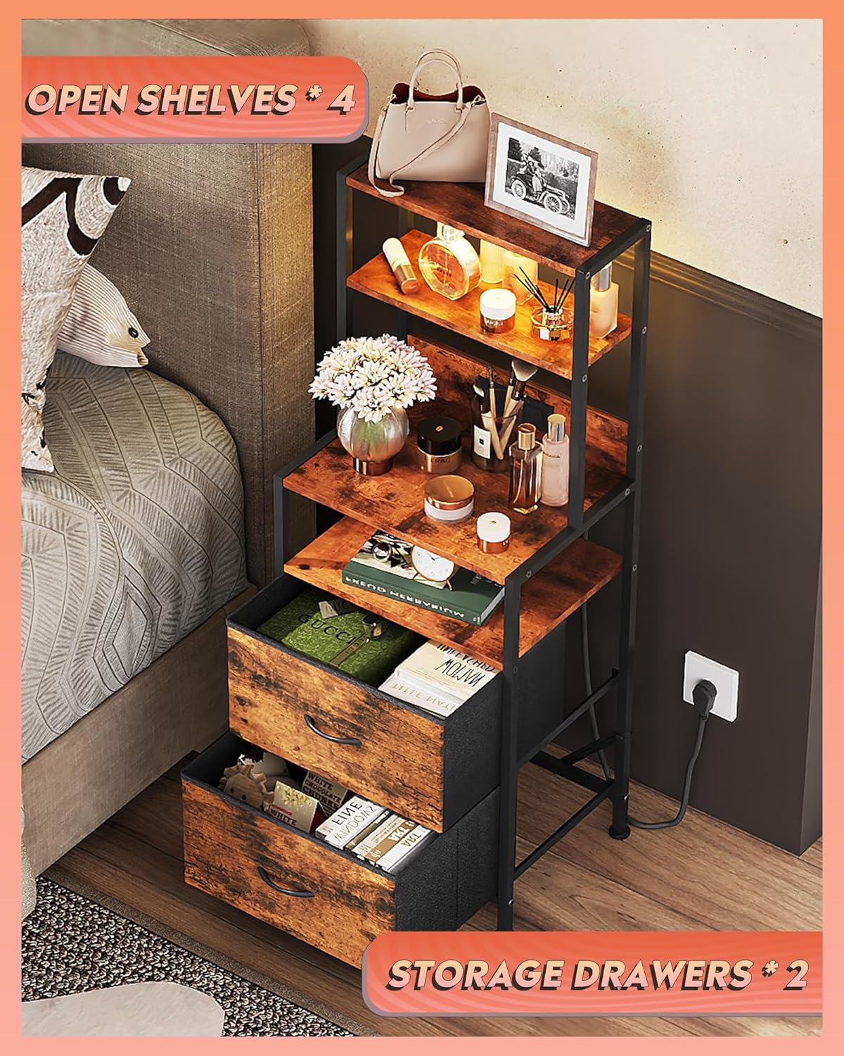 WLIVE Nightstand Set of 2 with Charging Station, LED Night Stand Sets with 2 Drawers and 4 Storage Open Shelves, Fabric Dressers for Bedroom, Rustic Brown