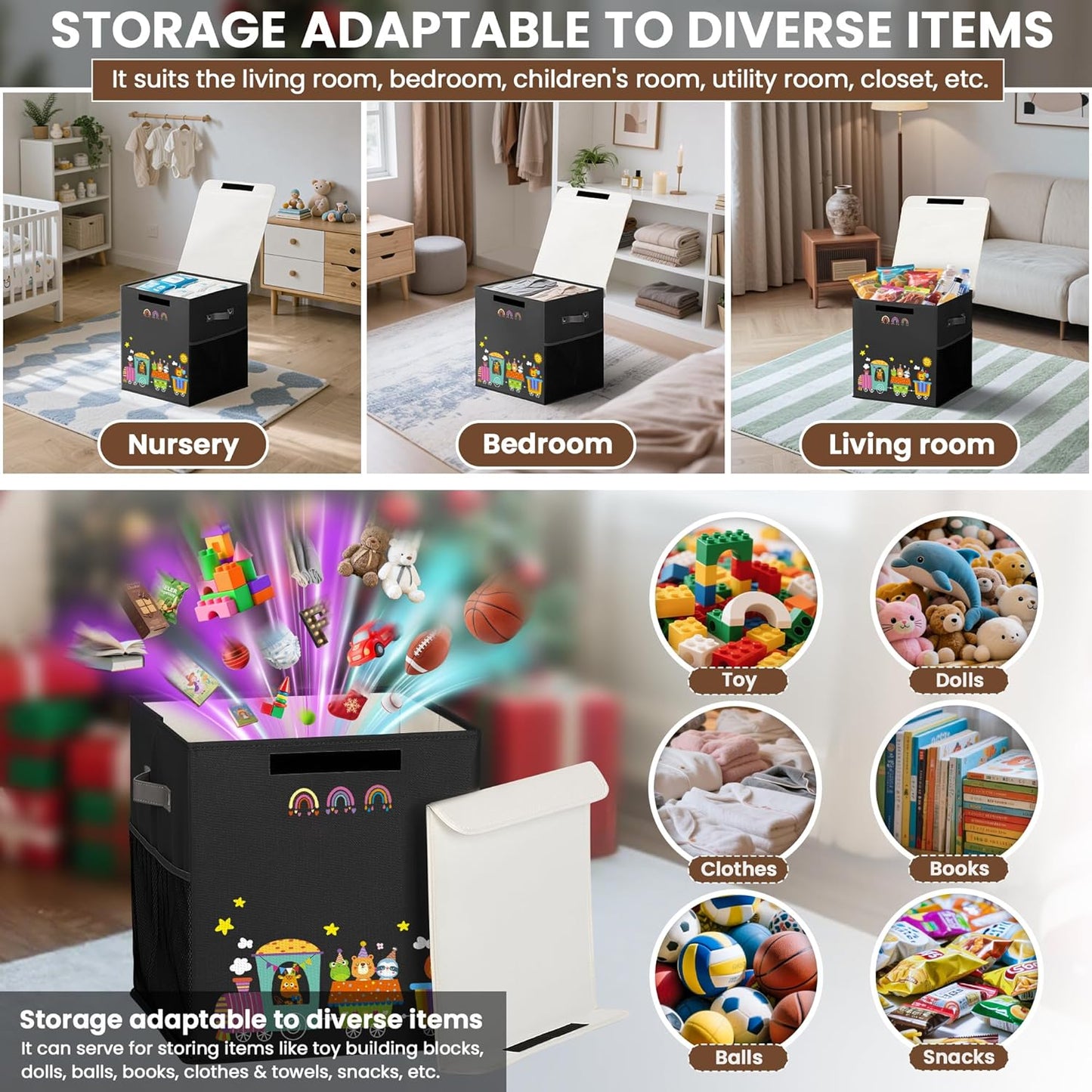 40L Large Toy Storage Box with Lid, Large Toy Box Chest for Kids, Girls and Boys, Nursery Room and Living Room, 13"x13" x16" (black-train)