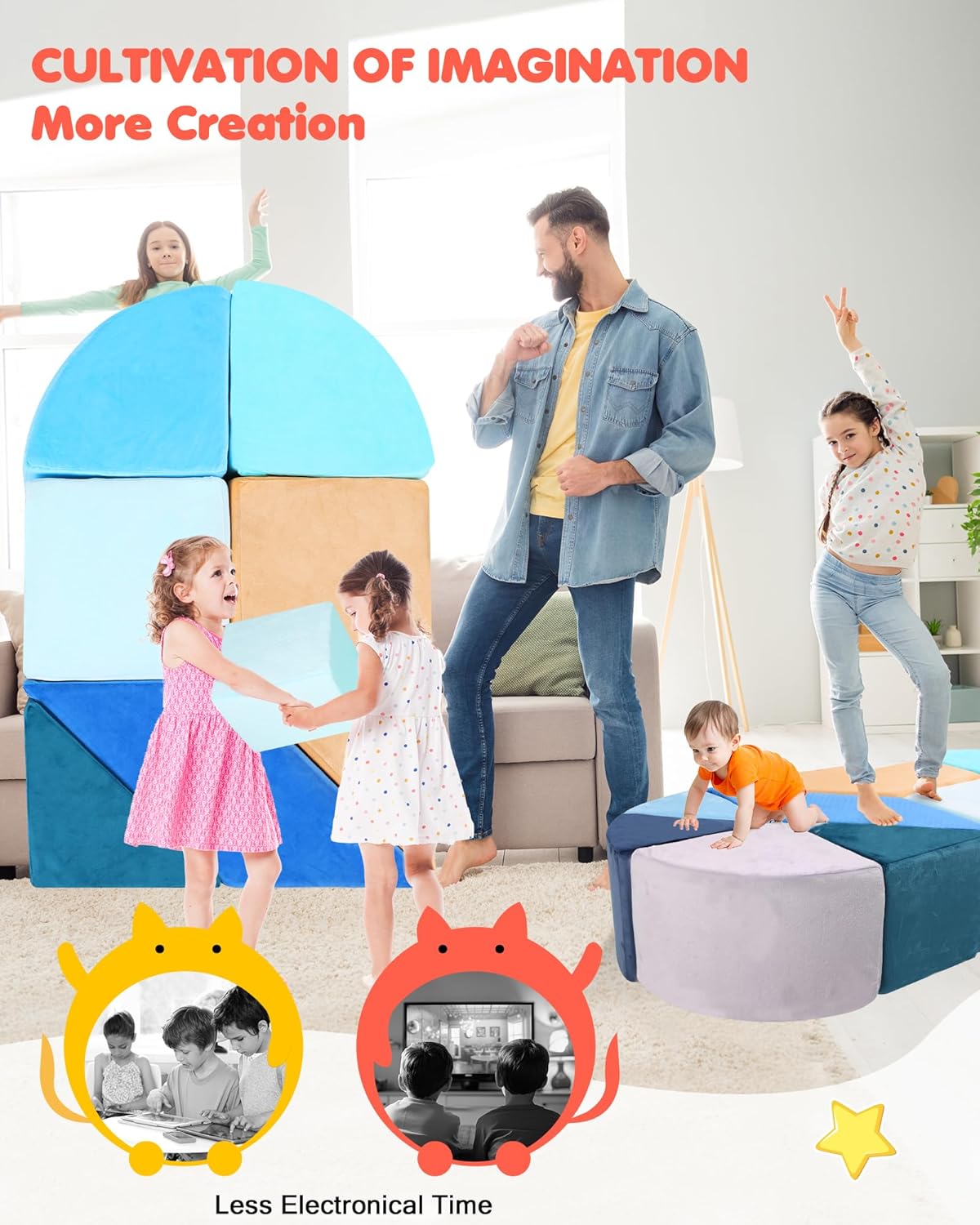 Kids Play Couch, 2-in-1 Heart-Shape Kids Plays Sofa with Unique Ball Pit(no Balls Included), Tangram Puzzle Play Couch for Playroom, Modular Play Sofa for Inspiring Creativity, Ocean