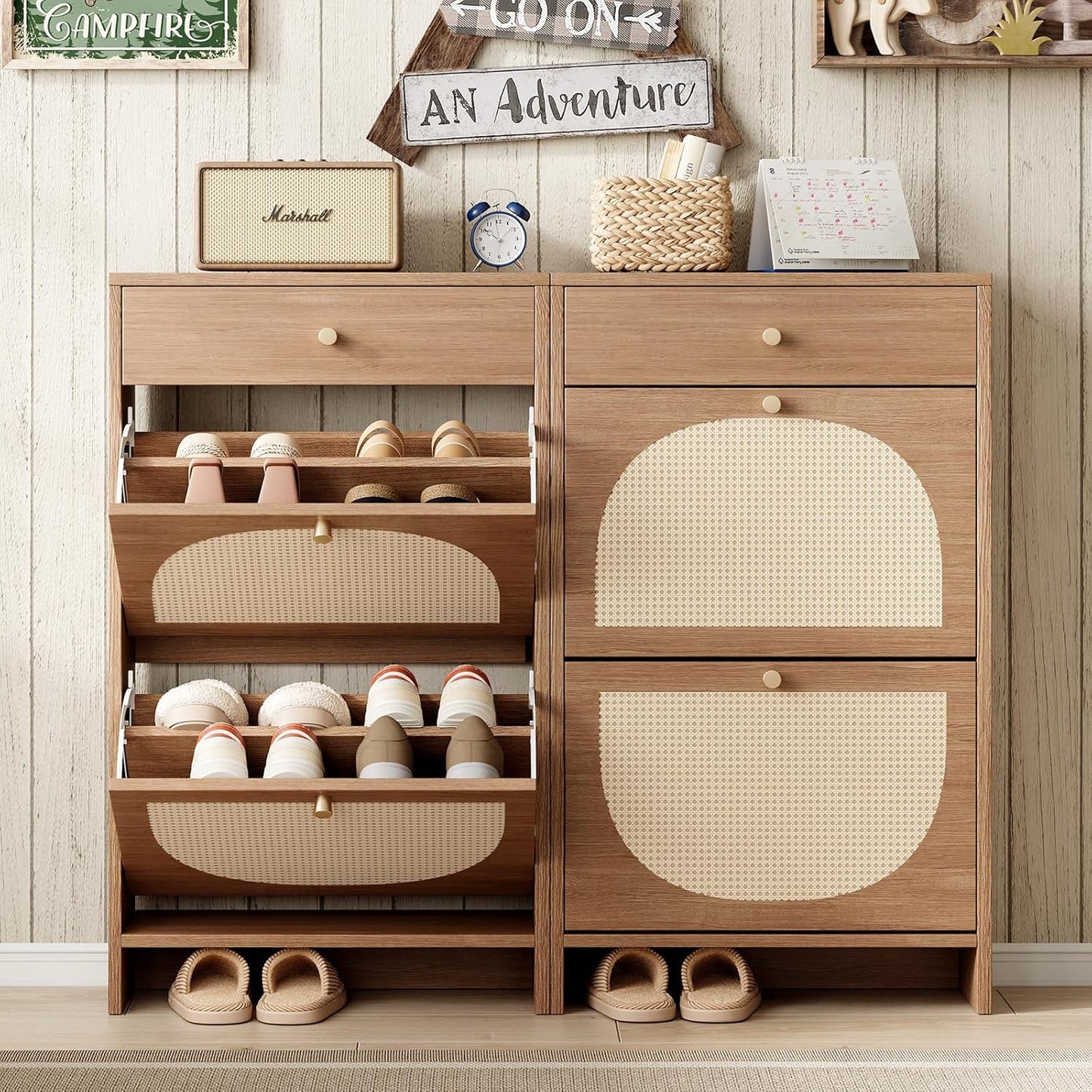 Nicetree Shoe Storage Organizer with 2 Flip Drawers and 1 Drawer, Freestanding Fluted Accent Narrow Shoe Rack, Farmhouse Shoe Cabinet with 3-Tier Adjustable Shelves for Hallway Foyer Rustic