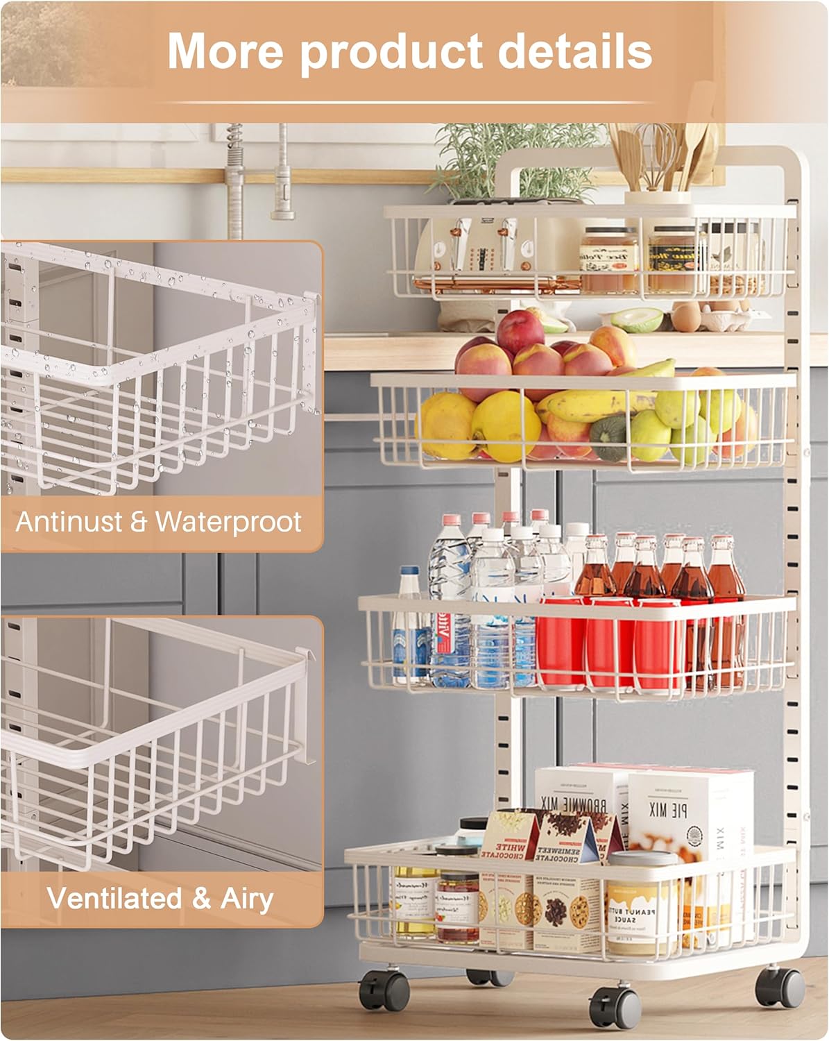 UMDONX 4-Tier Kitchen Storage Cart Metal Snack Cart Adjustable Fruit Basket on Wheels Stand Baskets for Potato Onion Produce White