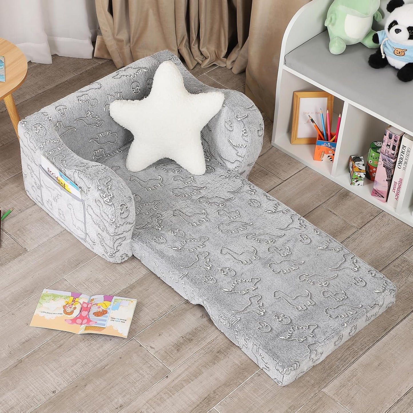 Dinosaur Glow in The Dark Toddler Couch, 2-in-1 Toddler Soft Couch Fold Out with Star Pillow, Convertible Sofa to Lounger for Girls and Boys, 1-Seat
