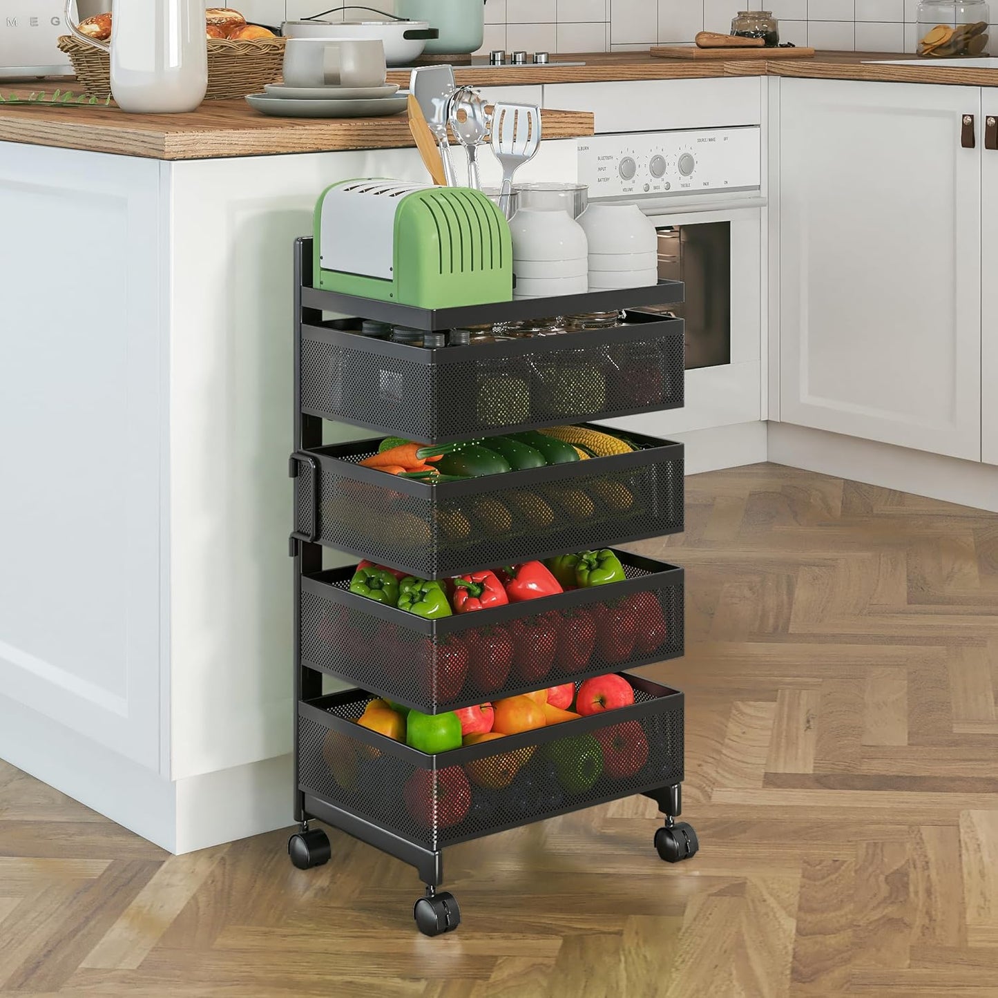 Bathroom Rotating Storage Cart No Assembly Required 4-Tier Metal Sturdy Fruit Basket for Kitchen, Rolling Vegetable Storage Rack,Bathroom Shelf,Storage Drawer Cart (Black, 4 Tier-Square)