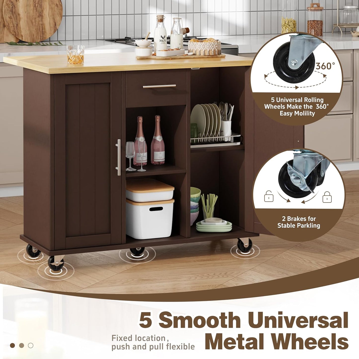 Shintenchi Kitchen Island with Storage, Bar Cart Cabinet Island Table on Wheels, Rolling Microwave Cart for Kitchen with Drop Leaf, Drawers, Towel Rack, Seating Area for Dining Room, Brown