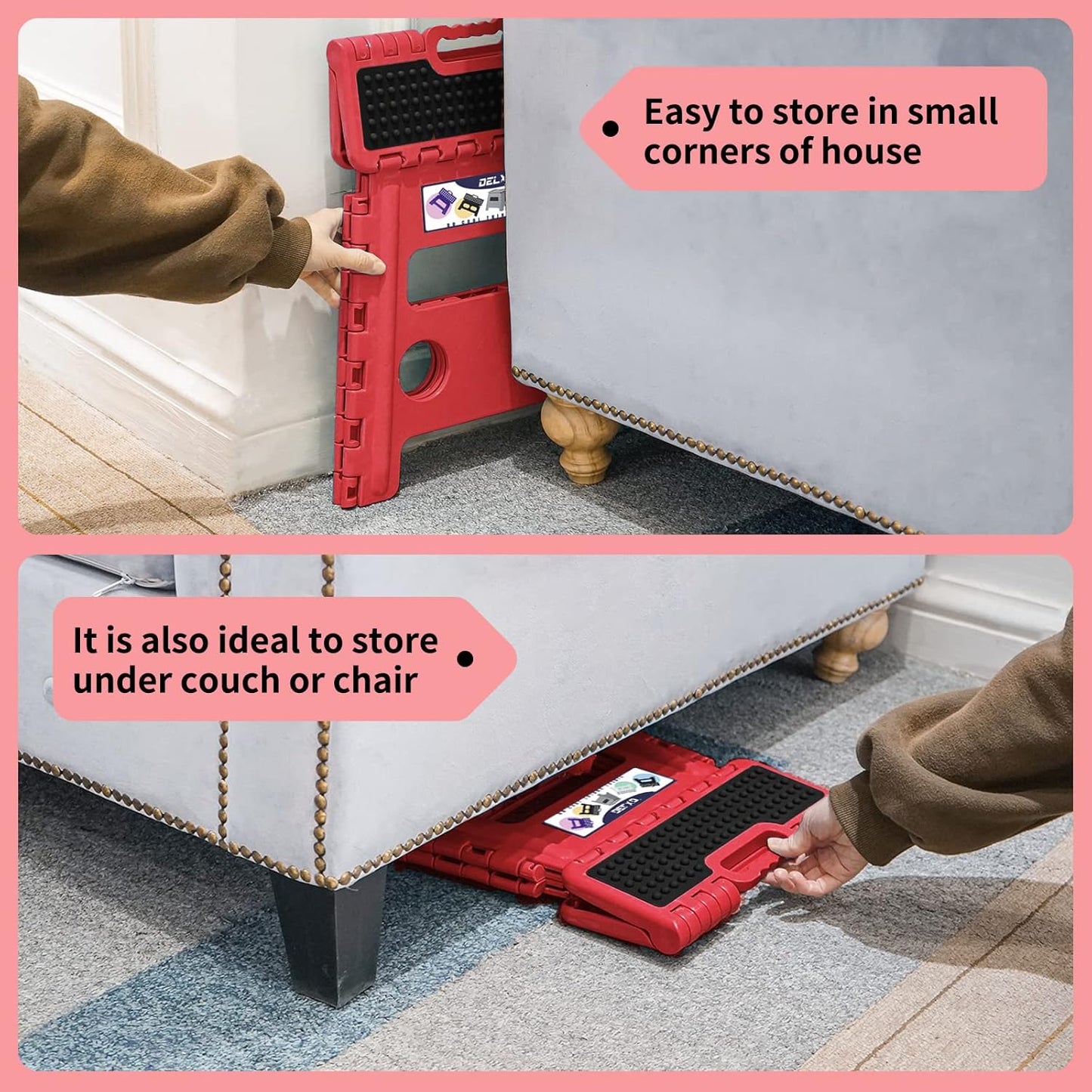 Delxo Folding Step Stool,Non-Slip Stool 13 inch Height Premium Heavy Duty Foldable Stool,Kitchen Garden Bathroom Steppingstool 1 Pack in Red,Dotted Texture