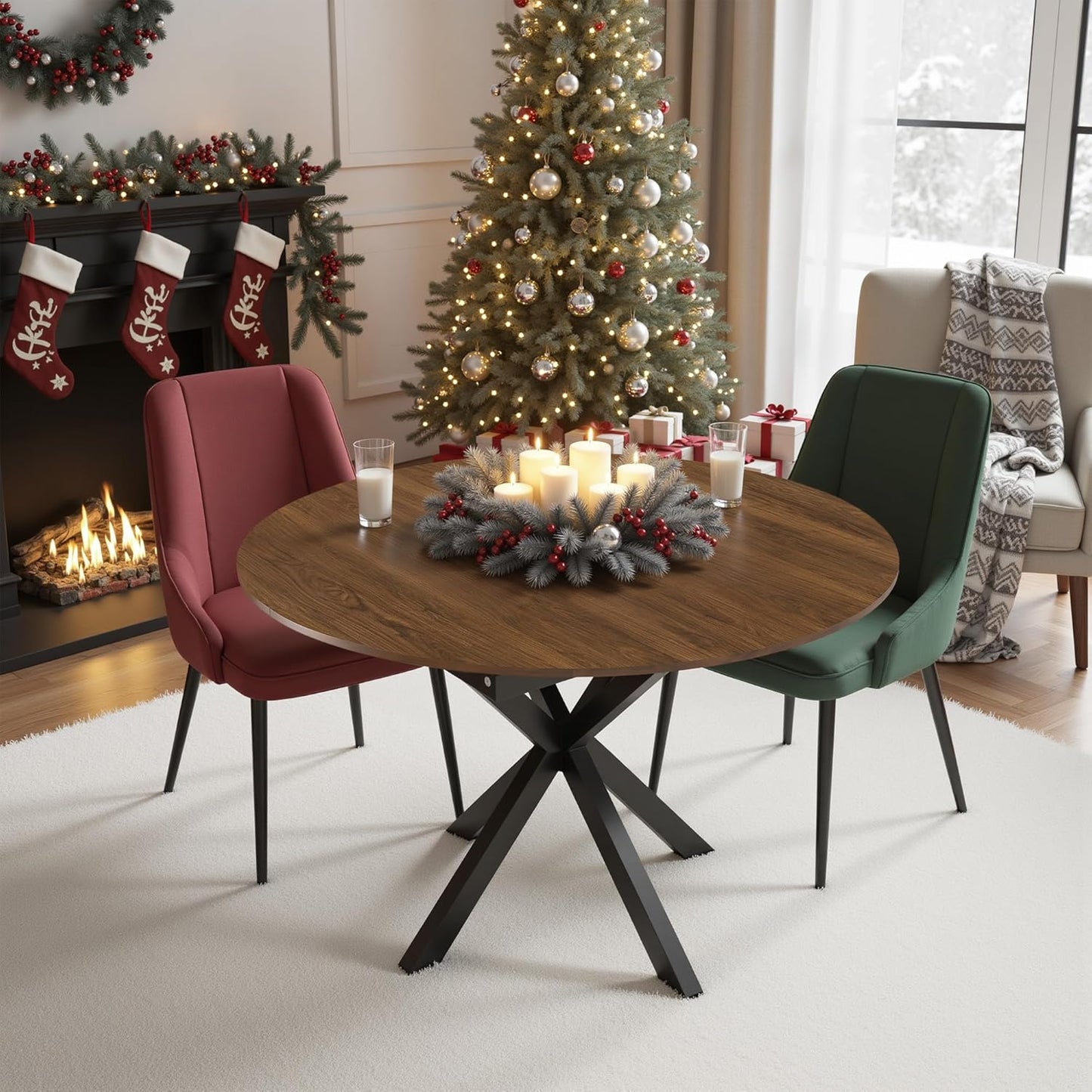 43"- 59" Extendable Dining Table for 4-6, Retractable Round Dinner Table Wood Oval Kitchen Tables Farmhouse Steel Base Dining Room Tables for Small Space, Kitchen, Living Room, Walnut