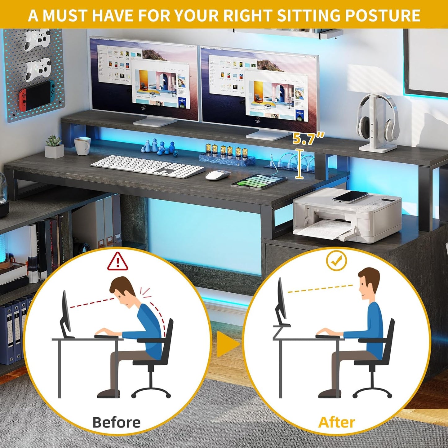 DWVO L Shaped Desk with Drawers, 65" Computer Desk with Power Outlets & LED Lights, Corner Home Office Desk with Storage Shelves & Printer Stand, Grey