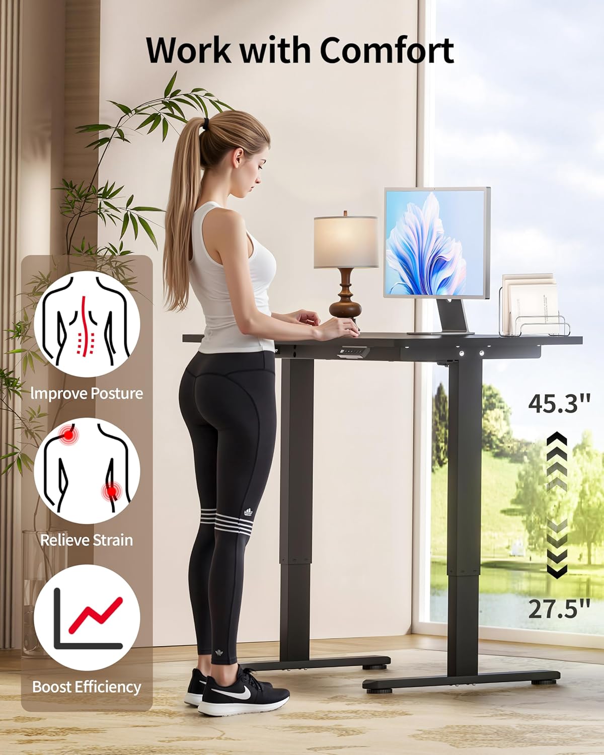 Okin Standing Desk Electric Adjustable Computer Whole Piece Stand up Desk Office Gaming Home Office Memory Desks 48x24 inches Black