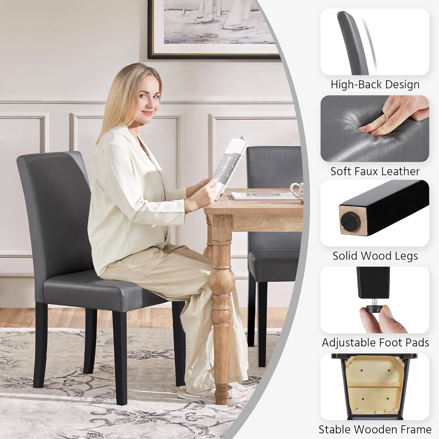 Yaheetech Dining Chairs Set of 6 Faux Leather Modern Dining Room Chairs with Rubberwood Legs and Padded Seat for Kitchen/Living Room/Restaurant, Dark Gray