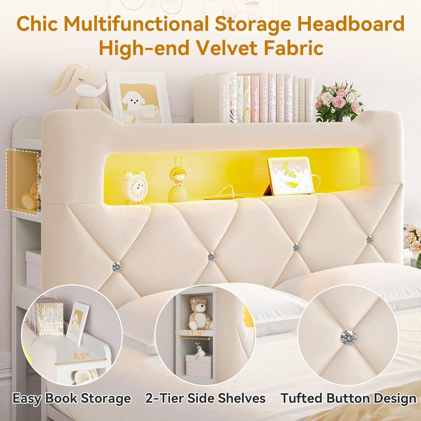 Queen Upholstered LED Bed Frame with 2 Storage Drawers and 2-Tier Storage Headboard,Velvet Princess Platform Bed with Charging Station & Bookcase, Corner Bed Frame, Heavy Duty Metal Support, Beige