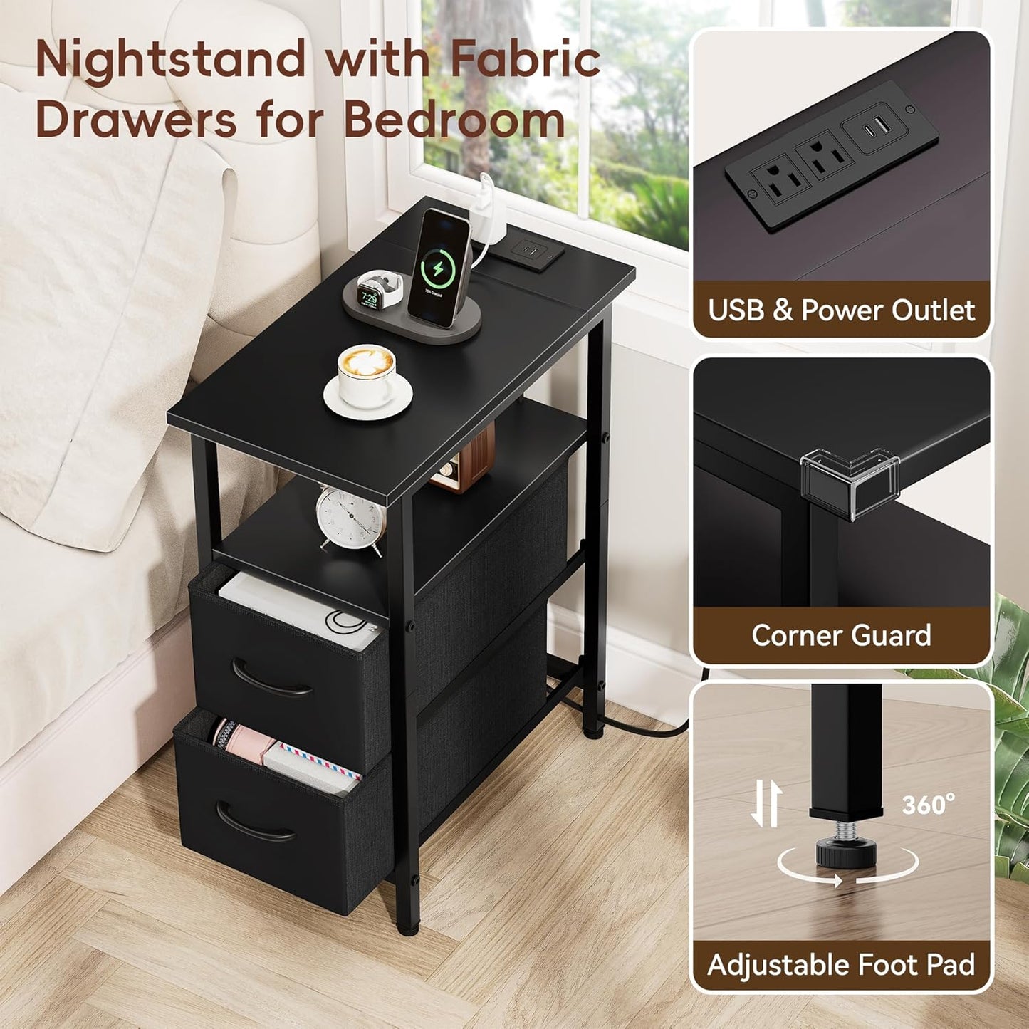Vagusicc Set of 2 Black Nightstand with Charging Station and LED Lights, Narrow Side Table, LED Night Stand with 2 Fabric Drawers, Bedside Table Small End Table, Tall Nightstand for Bedroom, Black