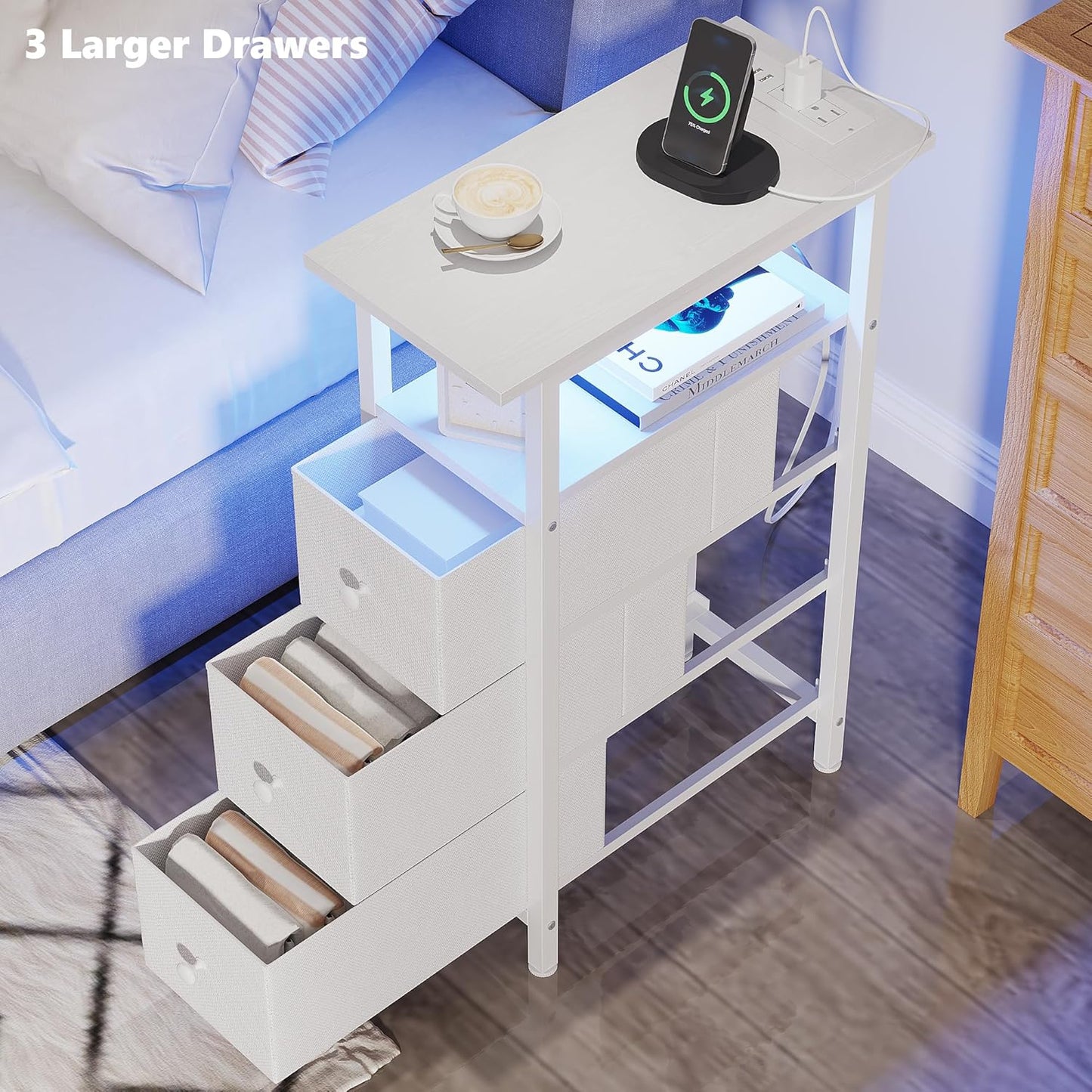End Table with Charging Station, Narrow Side Table with 3 Fabric Drawers, Skinny Nightstand with LED Light, Slim Bedside Table for Bedroom, Living Room, Small Spaces, White