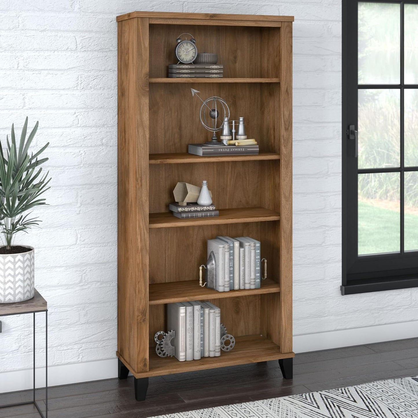 Bush Furniture Somerset 5 Shelf Bookcase in Fresh Walnut, Tall Bookshelf, Large Book Shelf for Living Room, Home Office, or Entryway