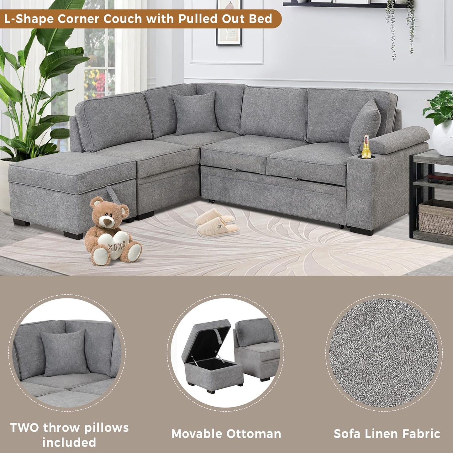 Ball & Cast Sleeper Sofa Bed L Shaped Couch with Storage Ottoman,Pull-Out Sectional Sofa Couch w/Cup Holder and Charging Stations,for Living Room and Small Apartment,Grey