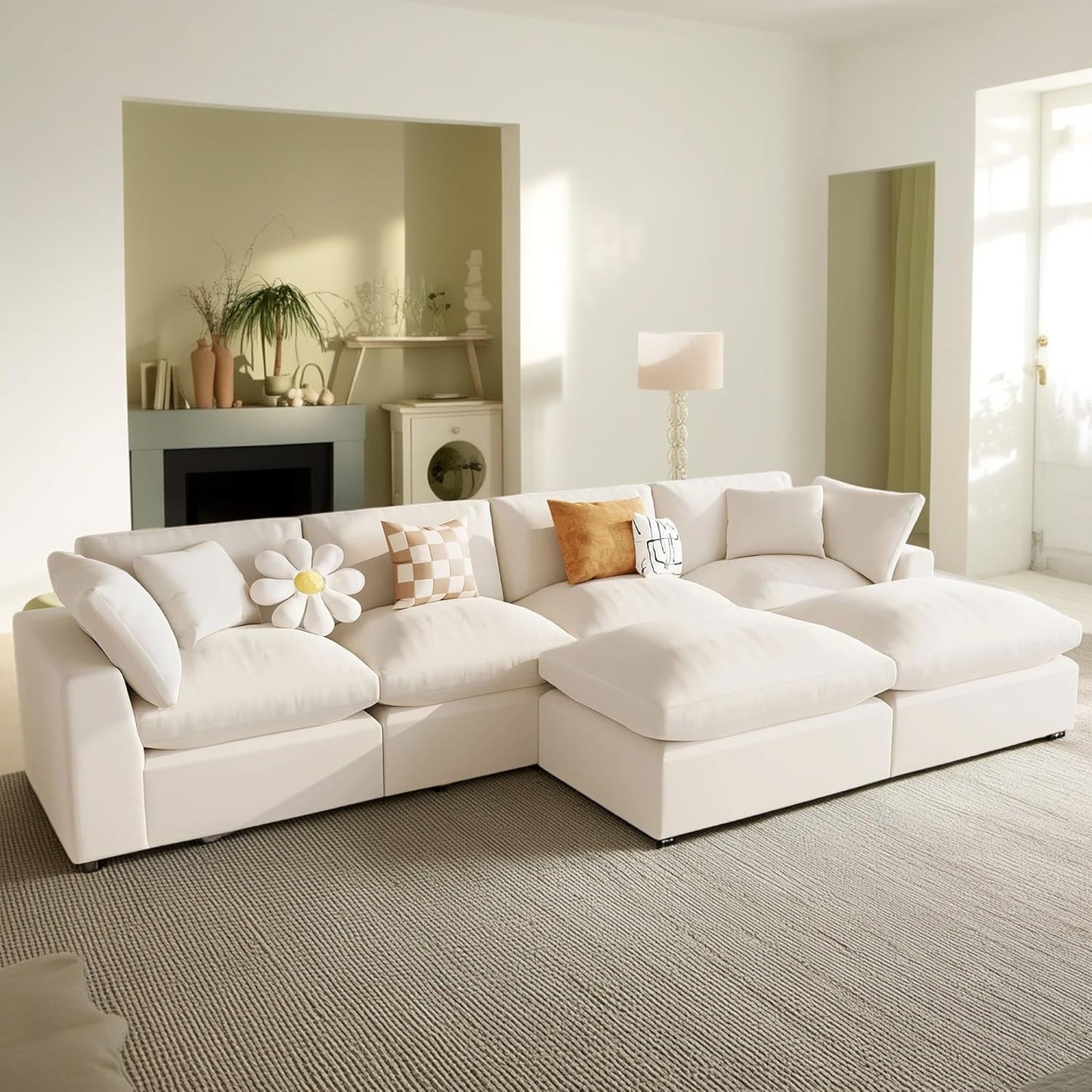 134.4 Inch U-Shaped Oversized Upholstered Sectional Sofa with Removable Ottomans, Large 6 Seater Modular Combination Corner Couch for Living Room, Office, Spacious Space, Beige