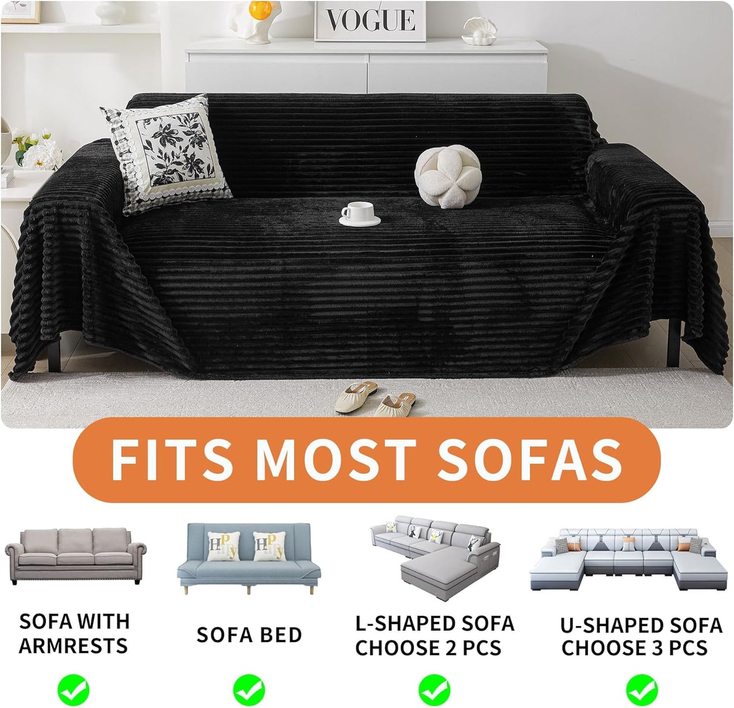 HAOMAIJIA Faux Fur Sofa Covers Couch Covers for 3 Cushion Couch Sofa Pet Friendly Soft Non Slip Couch Cover for Dogs Washable Sectional Couch Covers L Shape Furniture Protector (Black, 91"x150")