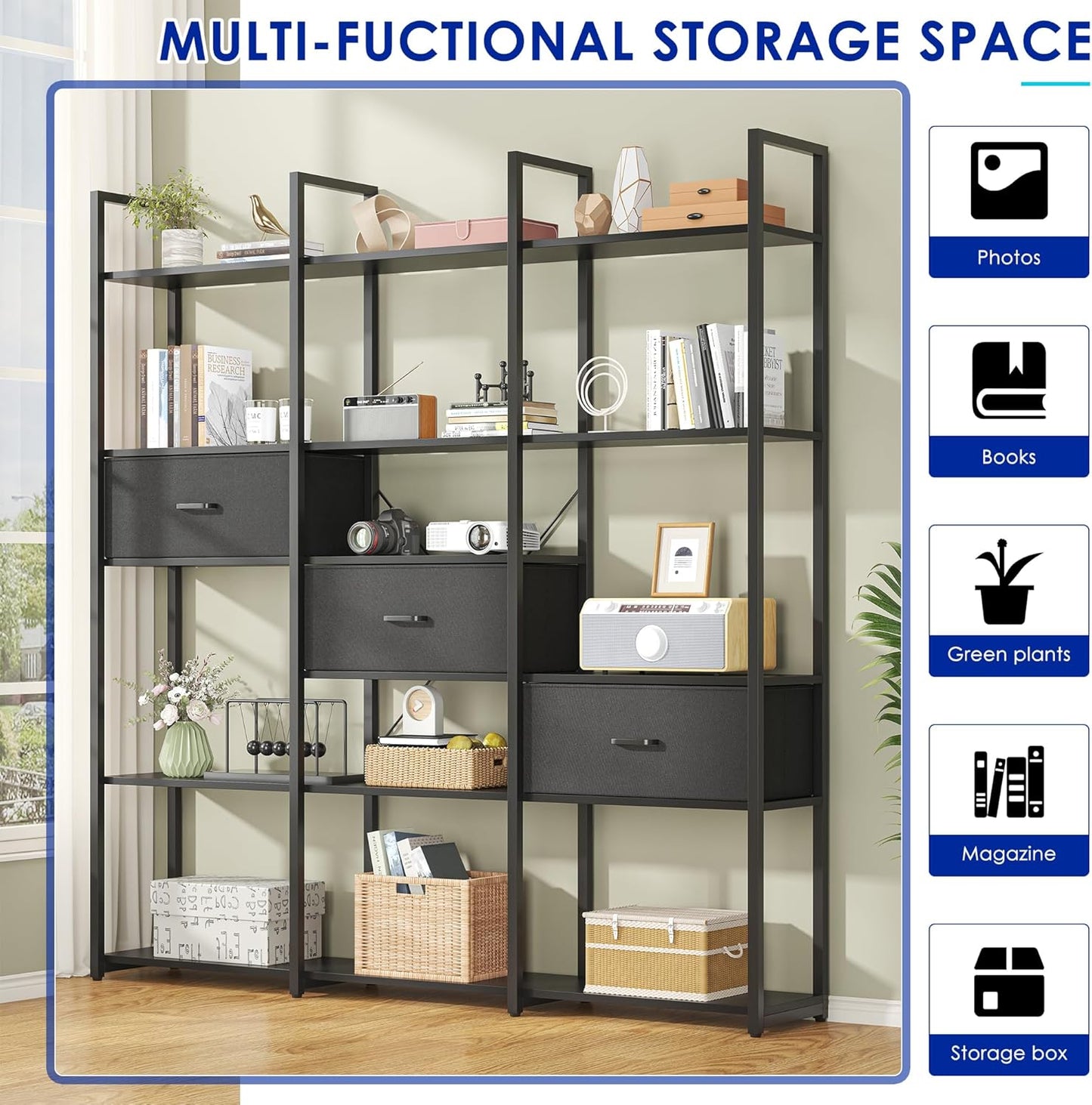 73.6" Tall Bookshelf with 3 Drawers and 16 Storage Shelves, Industrial Bookcase with 16 Open Display Shelves, Large Etagere Bookshelf, Triple Wide Book Shelf Book Case for Home & Office, Black