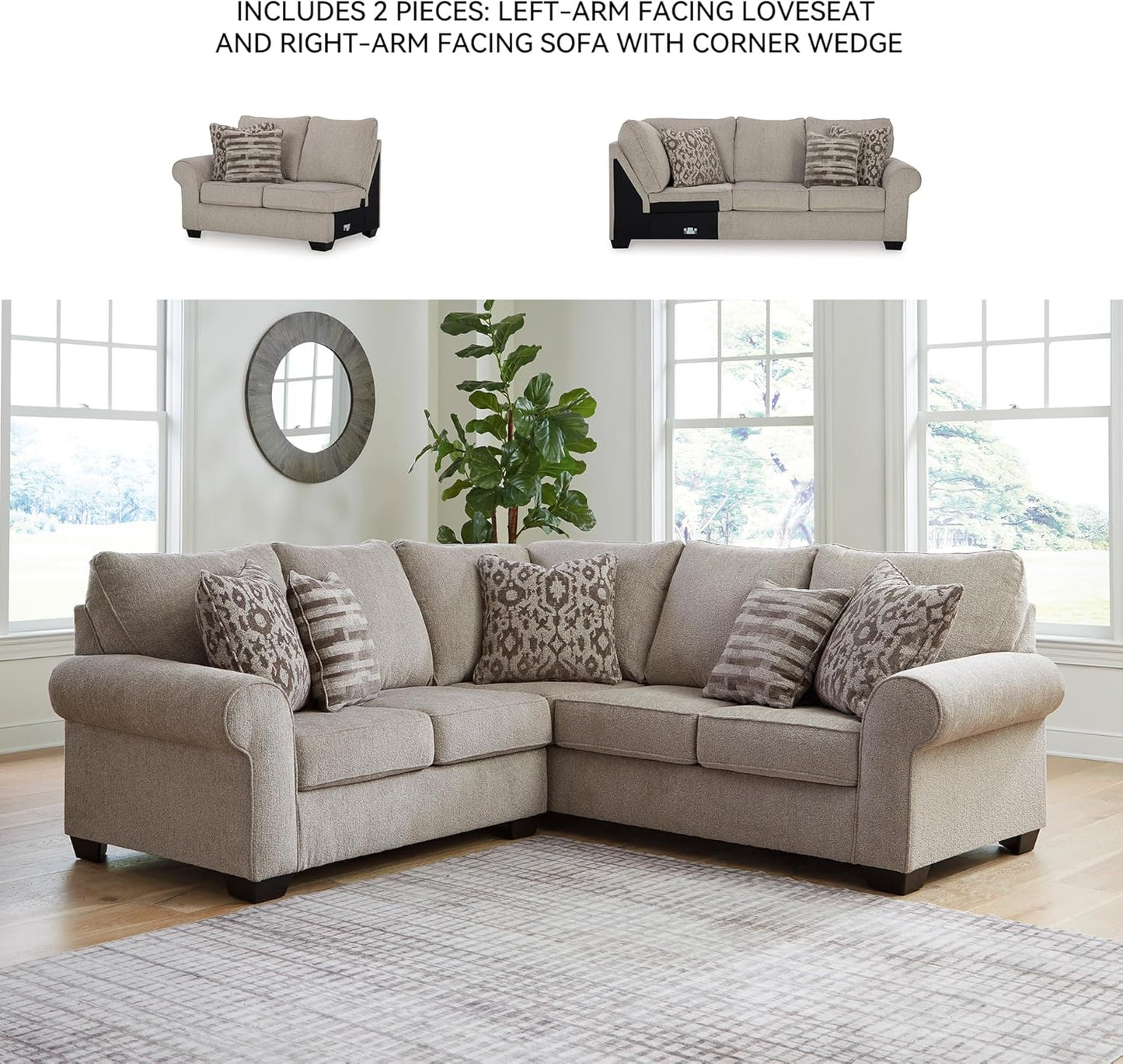 Signature Design by Ashley Claireah Casual L-Shaped 2-Piece Sectional with Loose Seat Cushions and 5 Accent Pillows, Beige