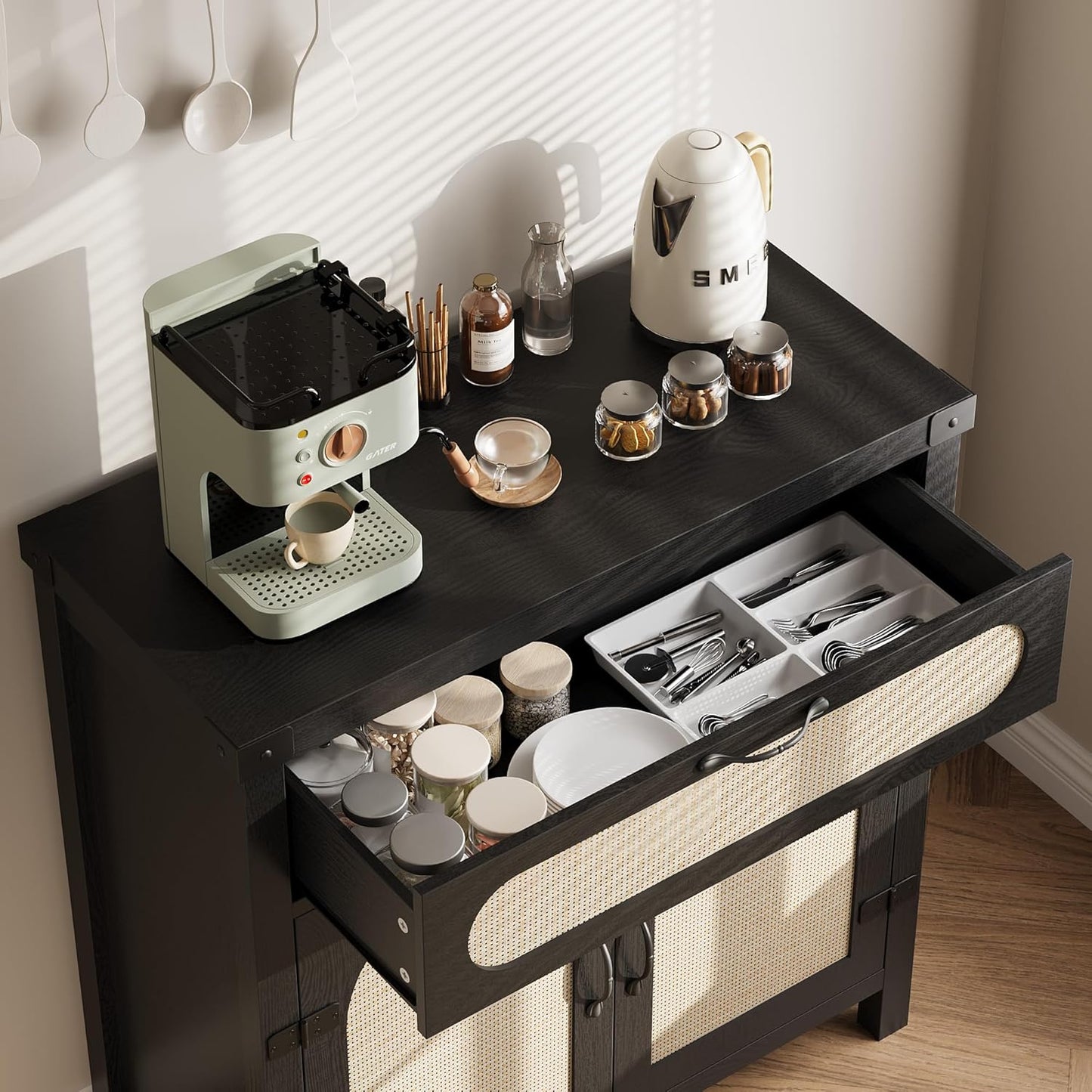 Garvee 29.9'' Small Rattan Buffet Cabinet with Storage, Kitchen Coffee Bar Cabinet with Doors and Drawer, Boho Farmhouse Sideboard with Adjustable Shelves and Handle for Living Room, Black