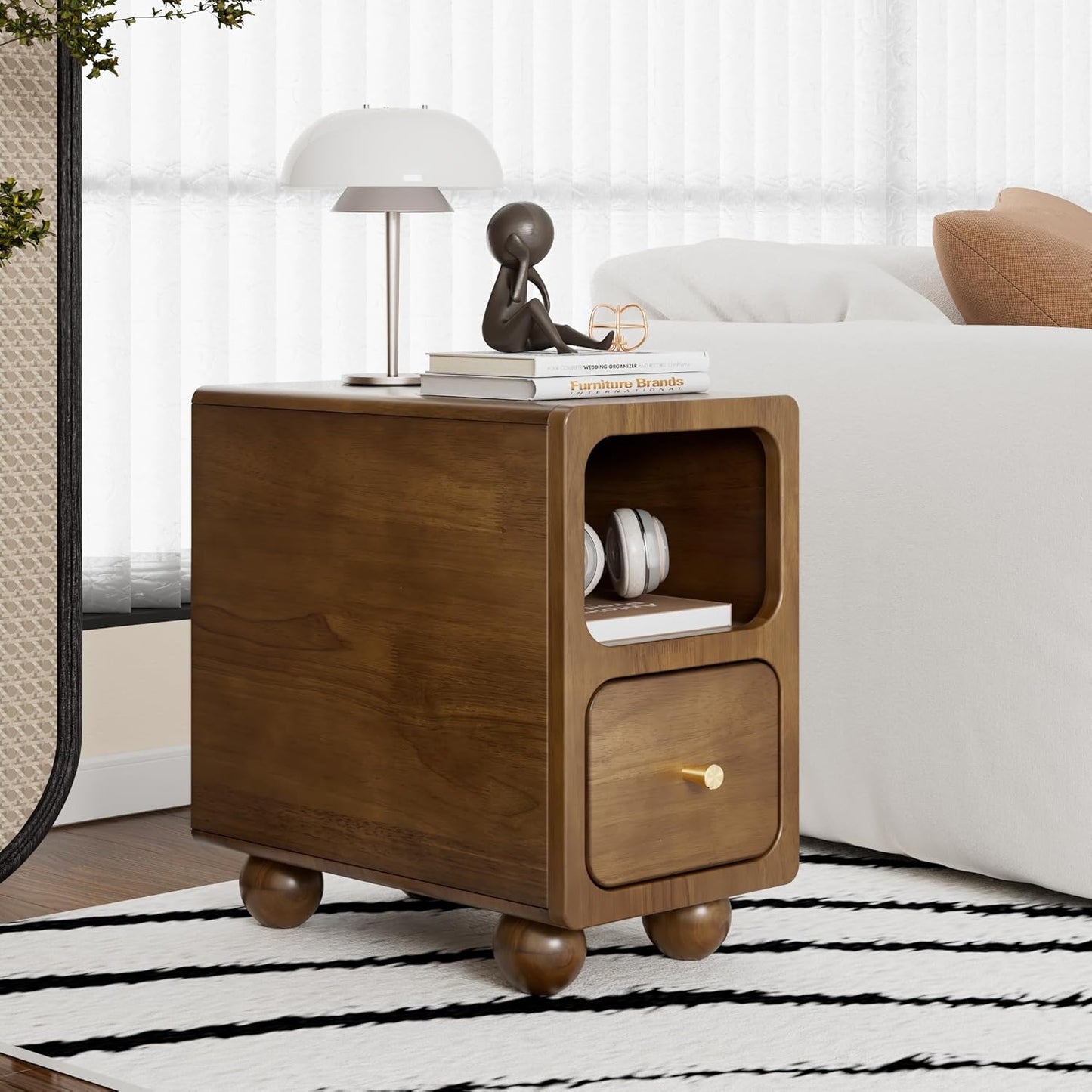 Solid Wood Nightstand, Narrow Night Stand with Drawers, Walnut Mid Century Modern Nightstand, Small Beside Table with Open Storage Shelf for Bedroom (10 inch)