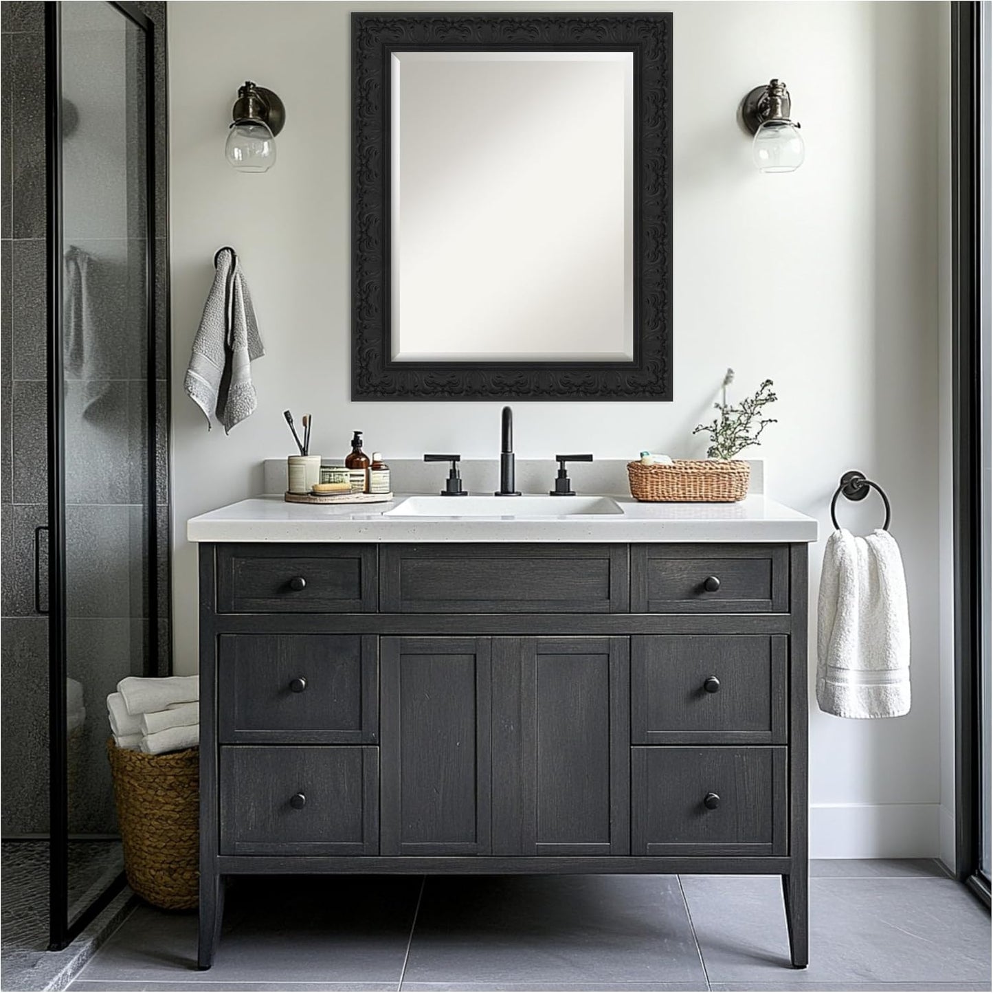 Amanti Art Black Bathroom Mirror for Over Sink, 29x35 Luxe Black Rectangle Vanity Mirror, Large Traditional Frame, Hangs Horizonally and Vertically, Bathroom Wall Decor, Beveled Edge