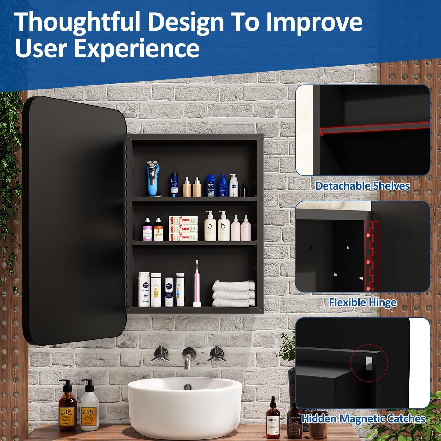 24x30 Inch Bathroom Medicine Cabinet with Mirror Black Metal Framed Farmhouse Recessed or Surface Wall Mounted Black Medicine Cabinets for Bathroom