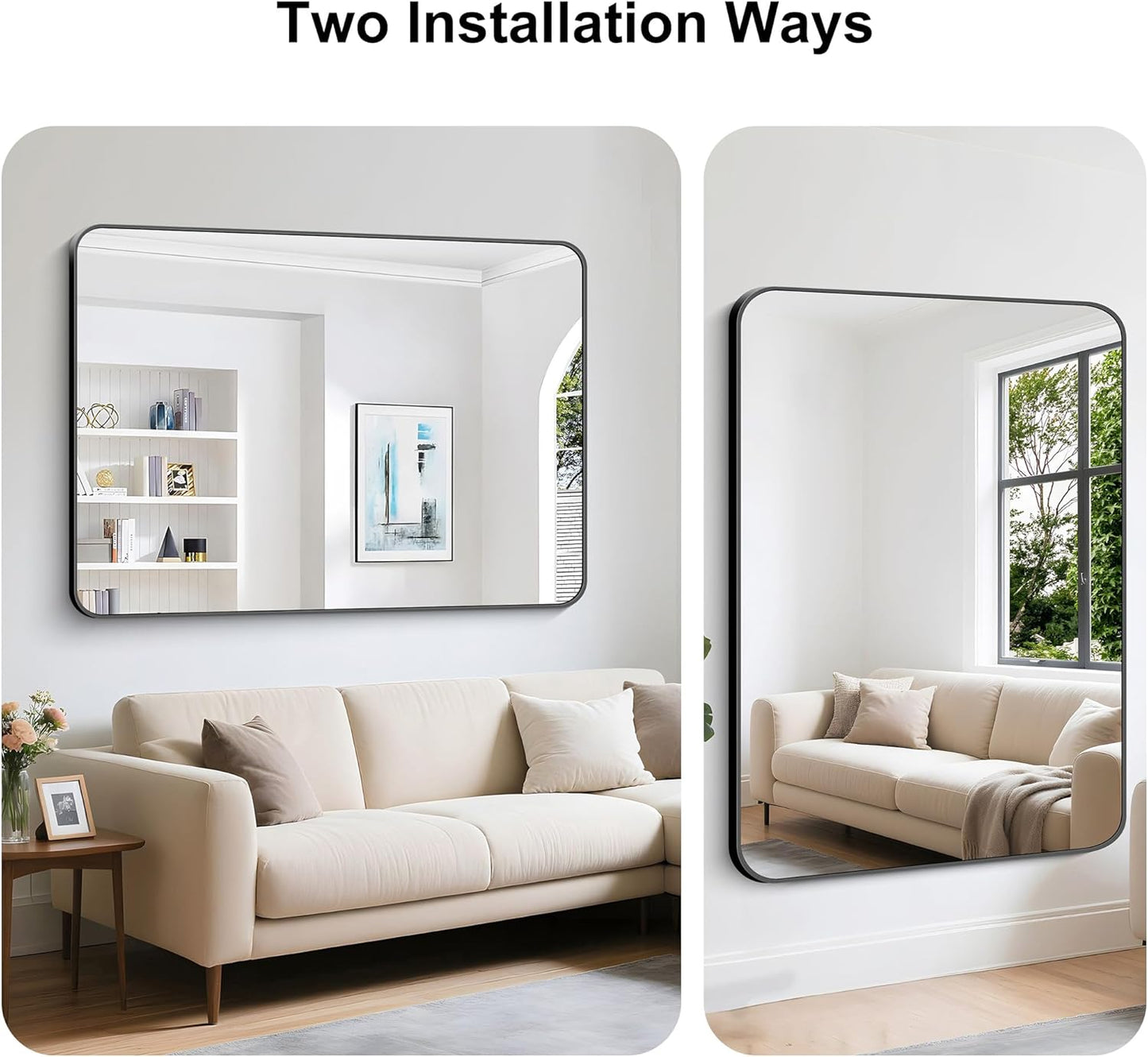 KOCUUY Black Bathroom Mirror 55"x40", Large Vanity Mirror with Rounded Corner, Metal Black Frame with Mordern Design for Bathroom, Living Room, Entryway, Hang Horizontal/Vertical