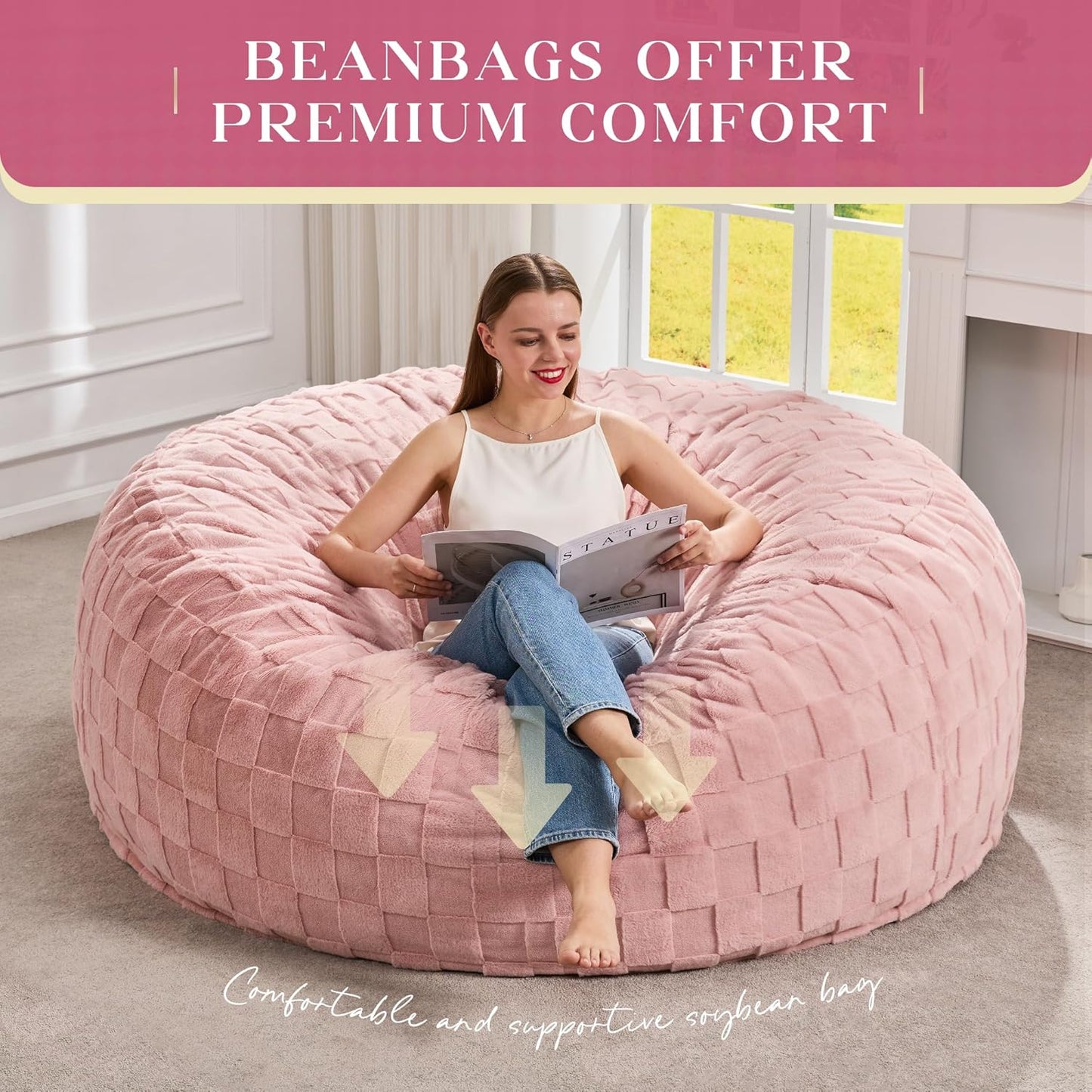 Hobestluk Bean Bag Chairs Beanbag Chair with Filler Adult Bean Bags with Fluffy Plaid Cover, Giant Bean Bag Chairs for Adults for Living Room, Bedroom (Pink, 5FT - 50” x 50” x 24”)