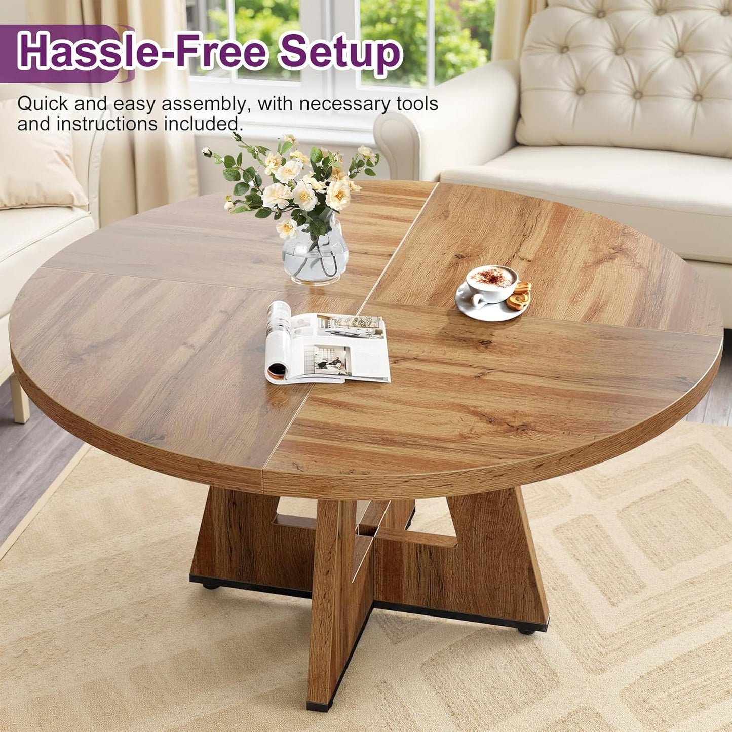 Round Dining Table for 4, 47" Wooden Kitchen Dinner Table Rustic, Farmhouse Table for Dining Room, Living Room, Light Oak Brown