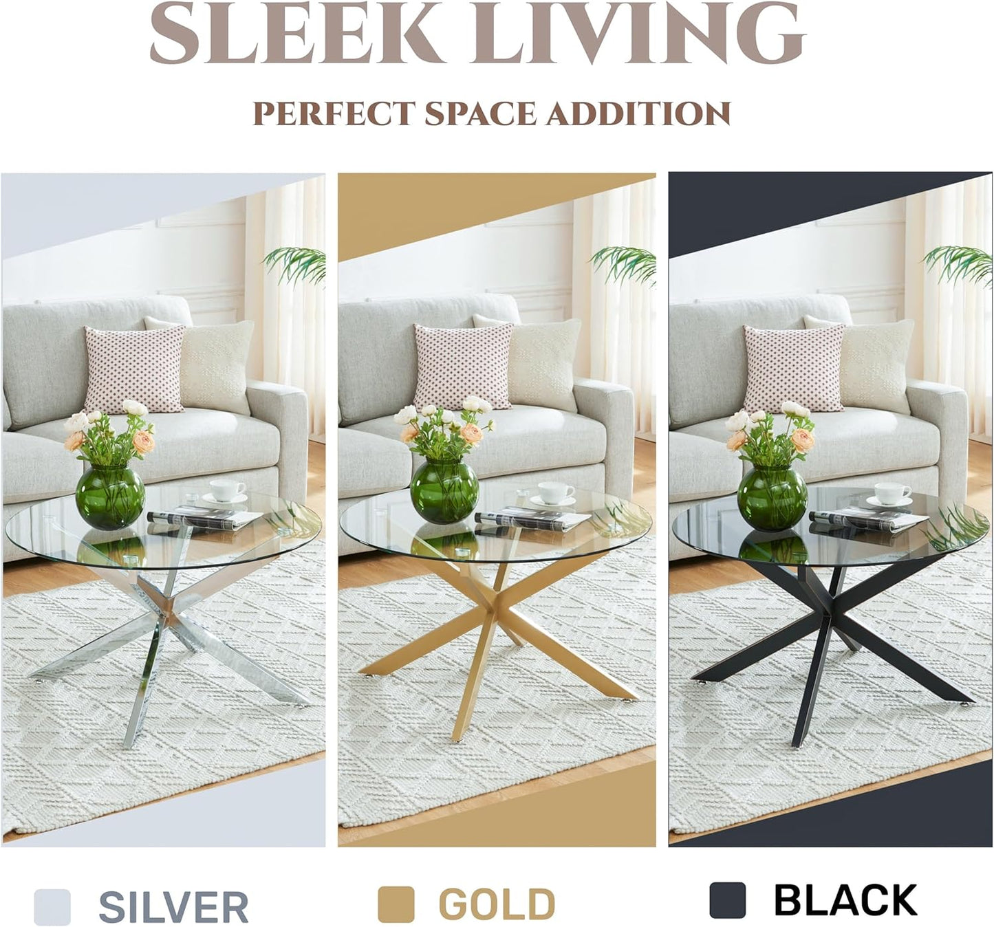 Round Glass Coffee Tables for Living Room, Home Office, Modern & Simple Center Table with Clear Tempered Glass Top, 35.5" Wx19.7 H Gold