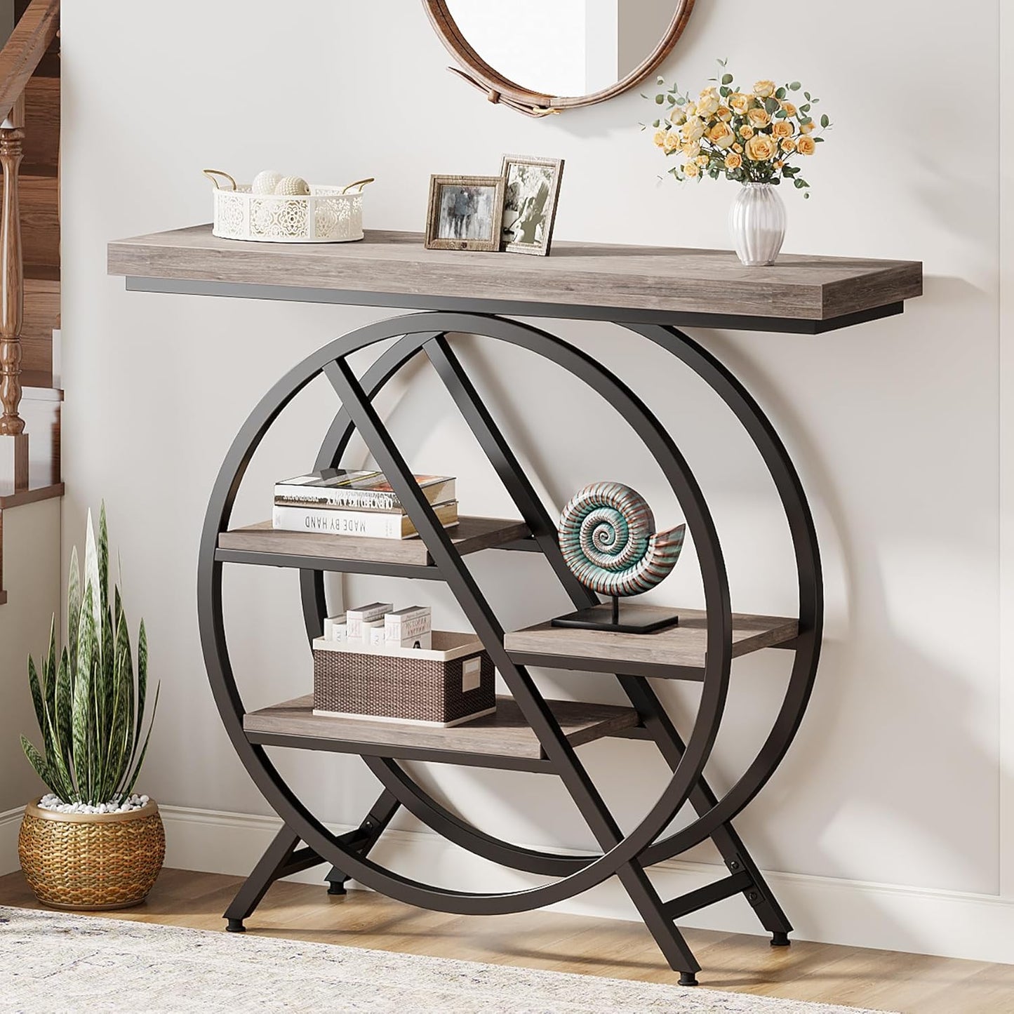 Tribesigns 40-Inch Console Table, 4-Tier Entryway Table with Storage Shelves, Industrial Hallway Sofa Table with Geometric Metal Frame, Accent Table for Living Room, Entryway (Gray)